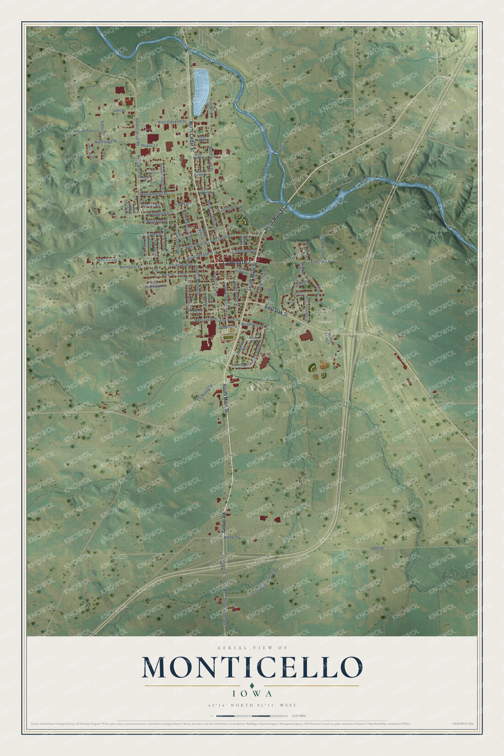 Watermarked full-map preview of Monticello, Iowa