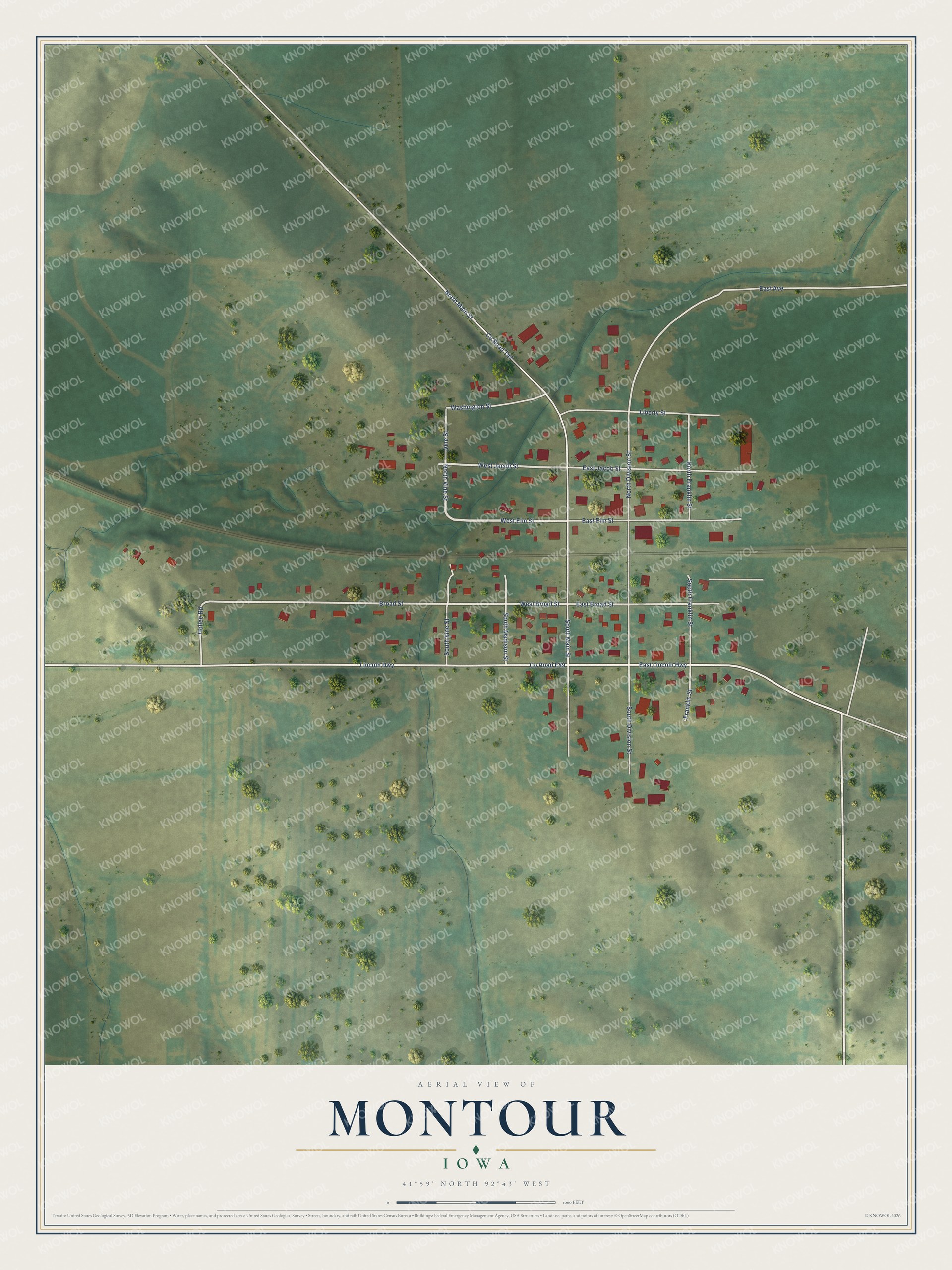 Full map of Montour, Iowa, with red buildings, printed street names and the land around them