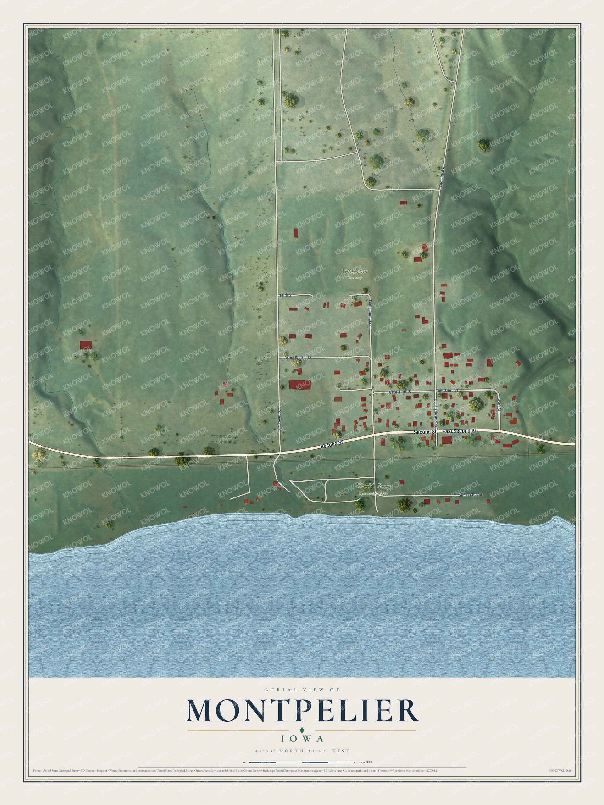 Full map of Montpelier, Iowa, with red buildings, printed street names and the land around them