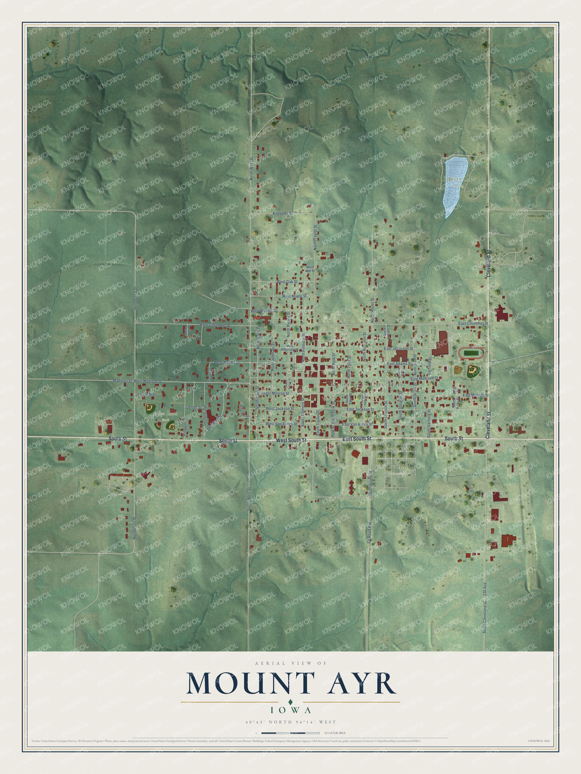 Full map of Mount Ayr, Iowa, with red buildings, printed street names and the land around them