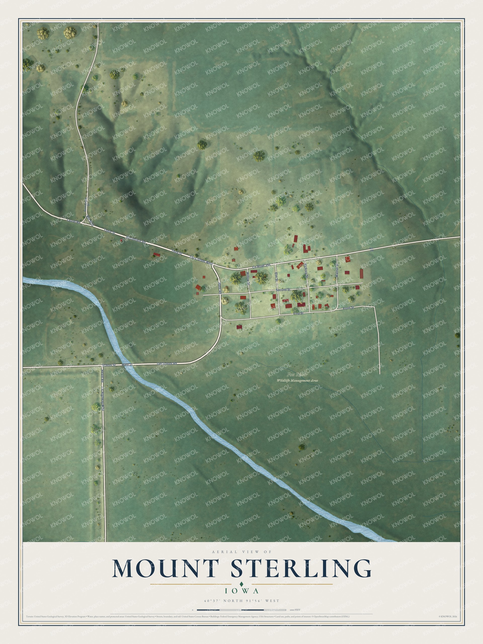 Full map of Mount Sterling, Iowa, with red buildings, printed street names and the land around them