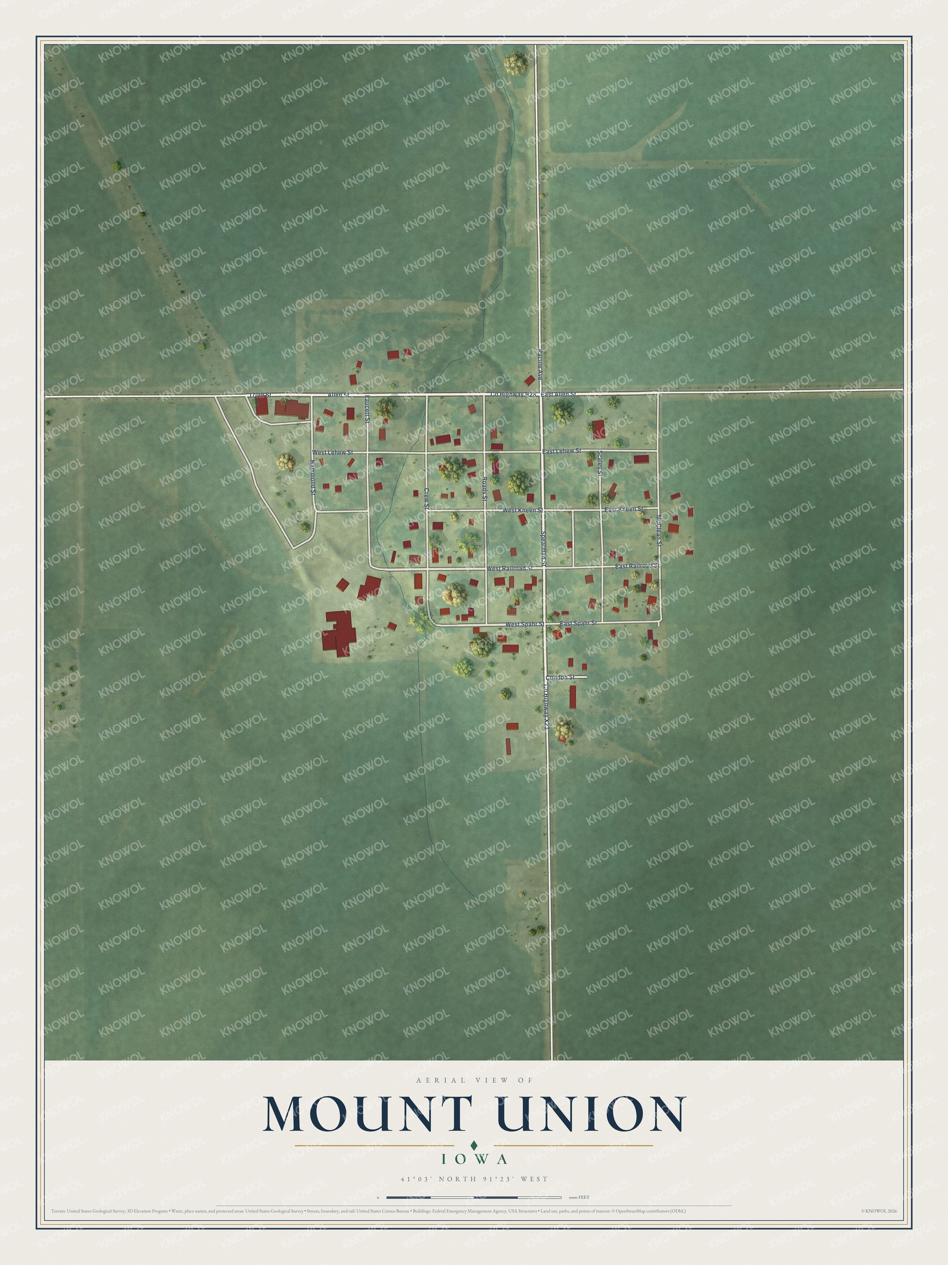 Full map of Mount Union, Iowa, with red buildings, printed street names and the land around them