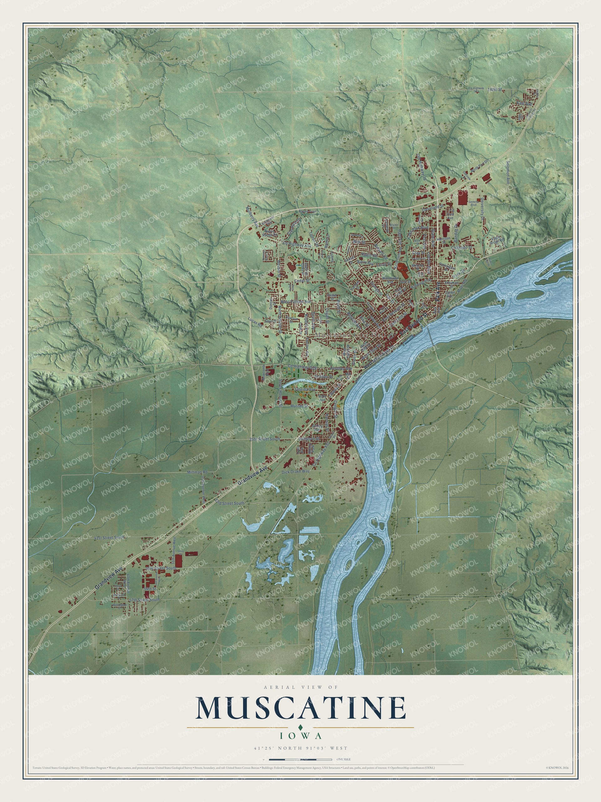 Full map of Muscatine, Iowa, with red buildings, printed street names and the land around them