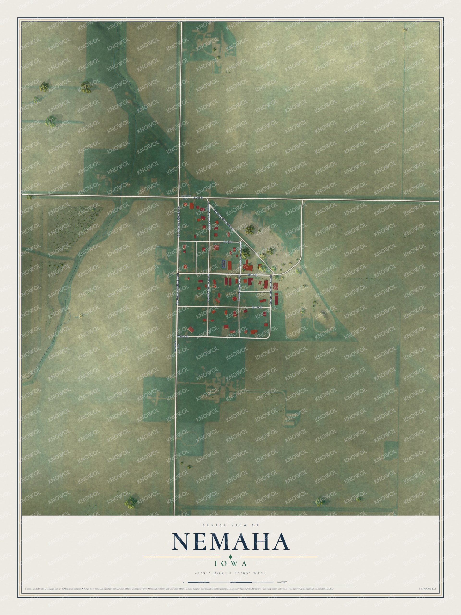 Full map of Nemaha, Iowa, with red buildings, printed street names and the land around them