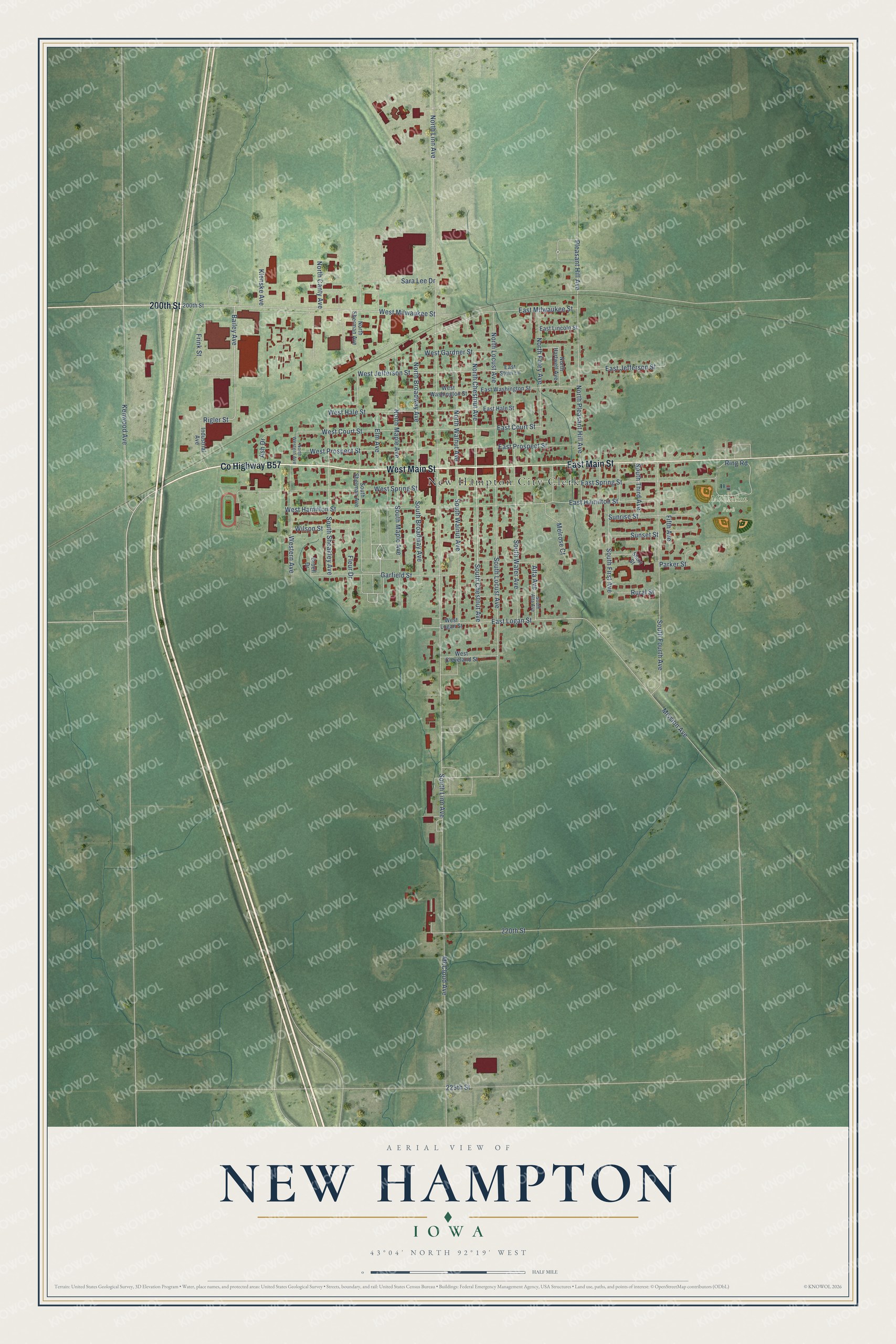 Full map of New Hampton, Iowa, with red buildings, printed street names and the land around them