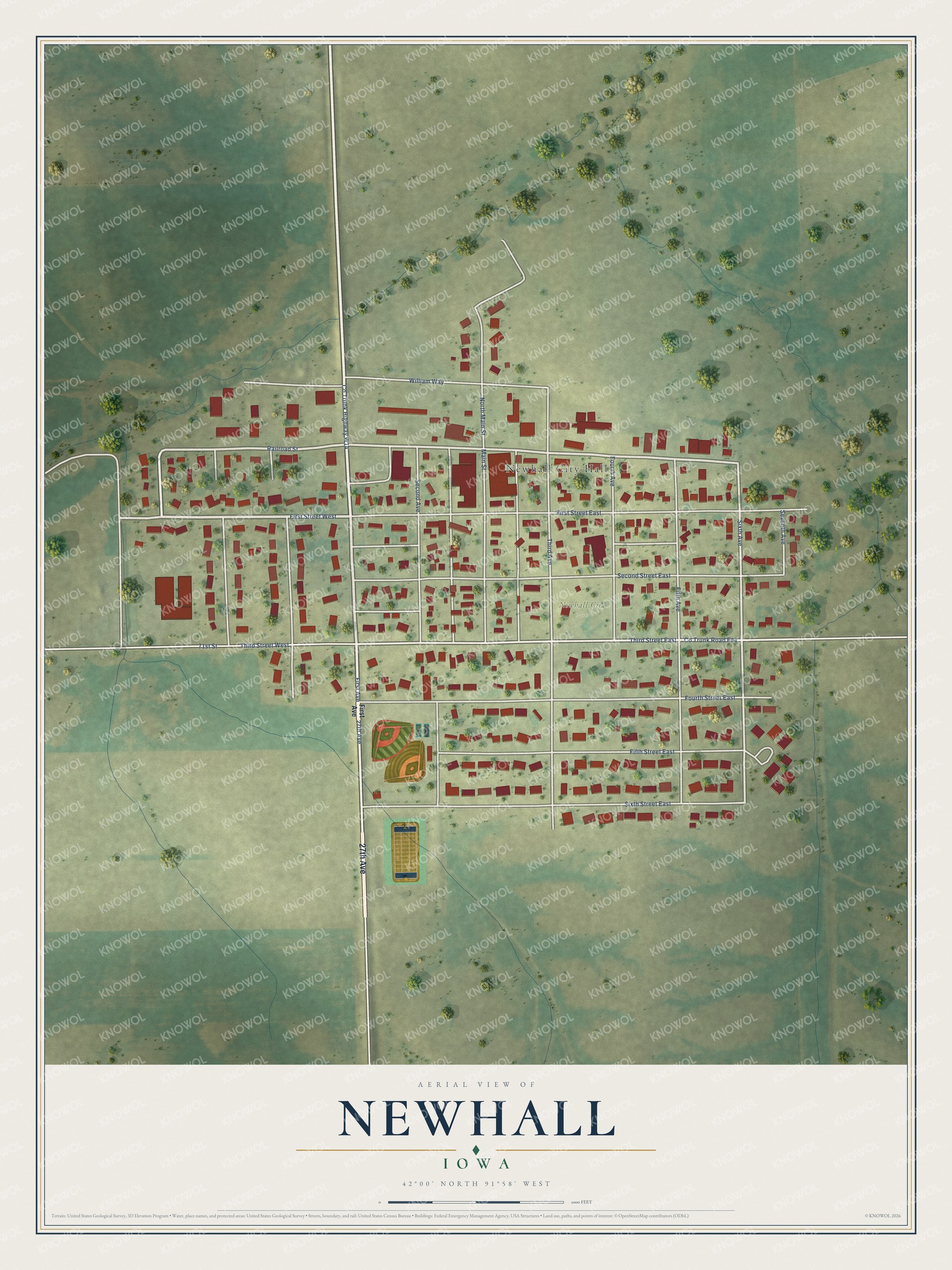 Full map of Newhall, Iowa, with red buildings, printed street names and the land around them