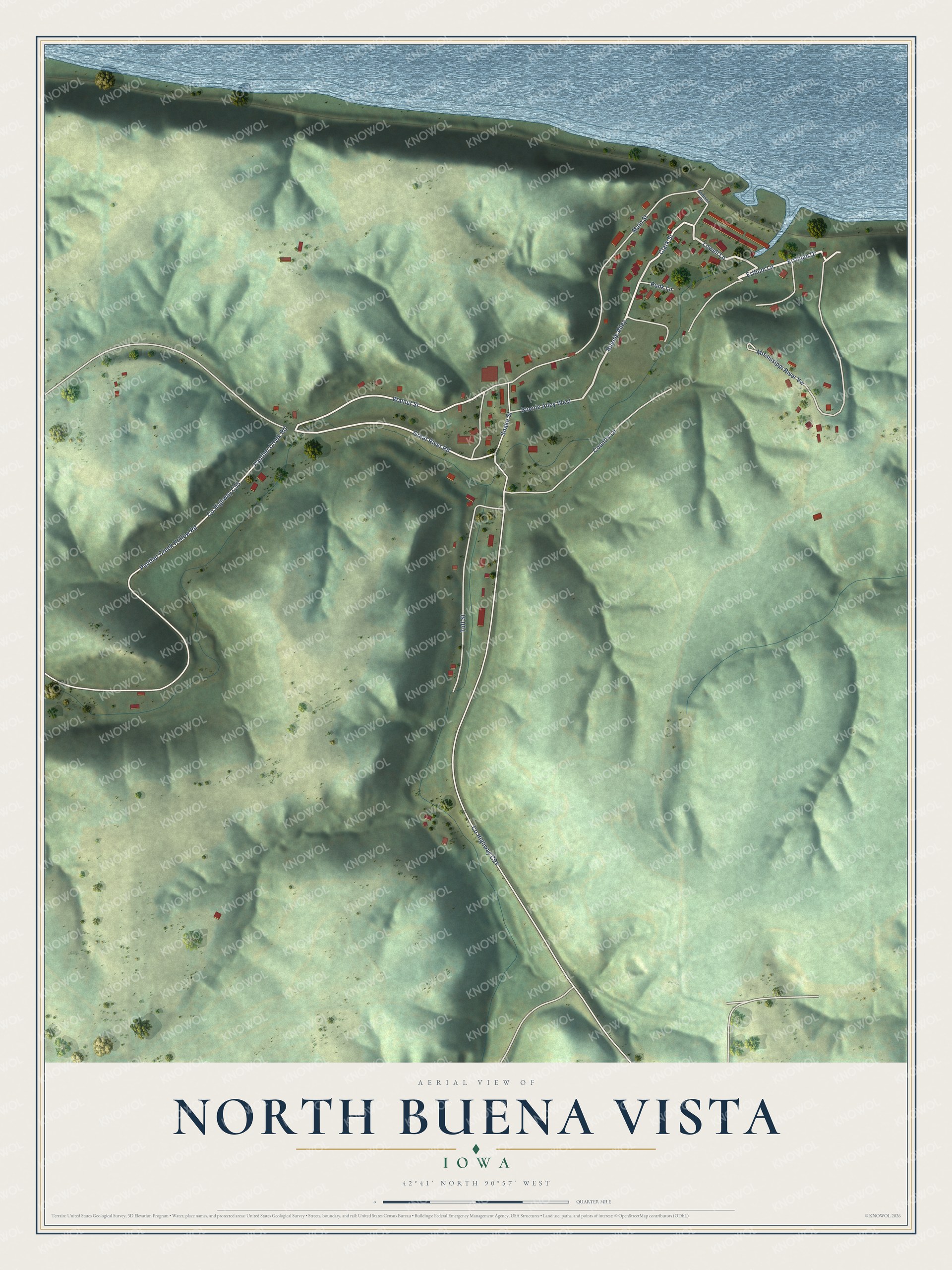 Full map of North Buena Vista, Iowa, with red buildings, printed street names and the land around them