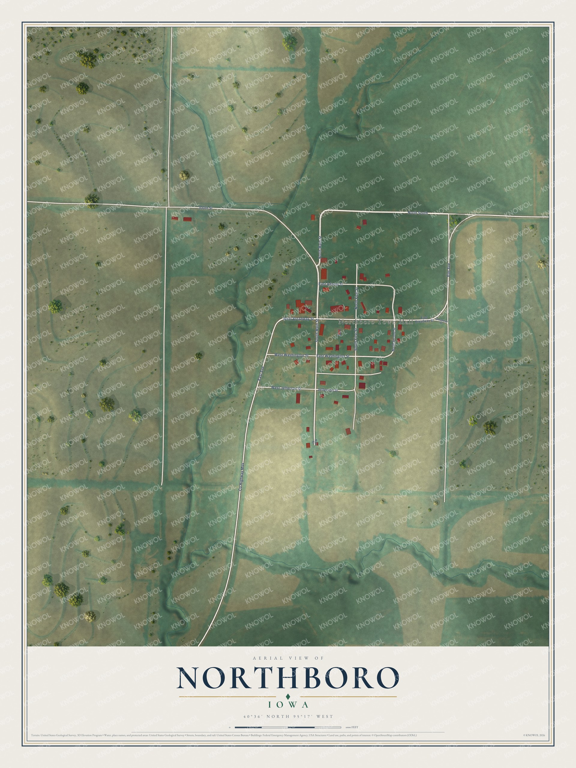 Full map of Northboro, Iowa, with red buildings, printed street names and the land around them