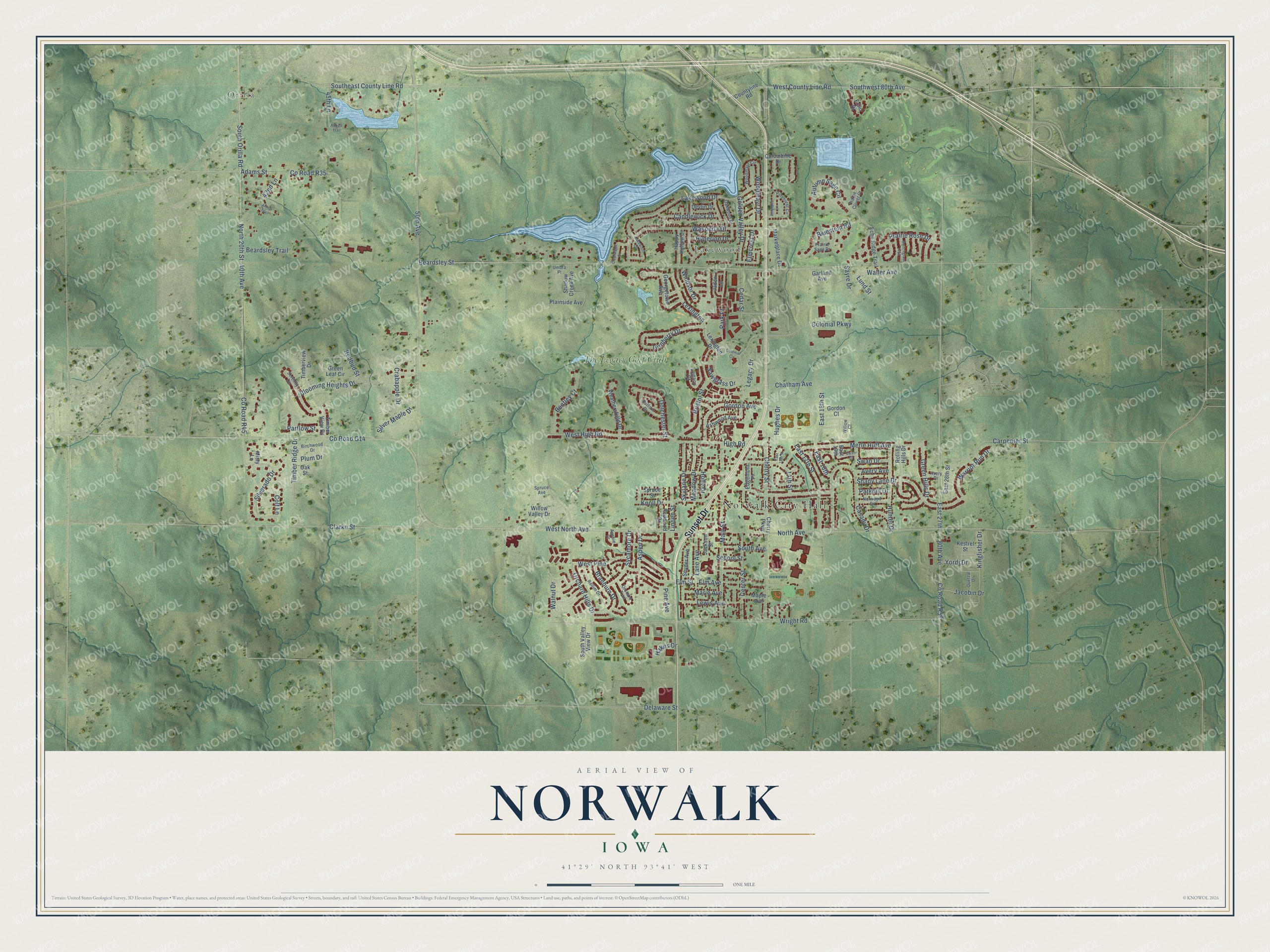 Full map of Norwalk, Iowa, with red buildings, printed street names and the land around them