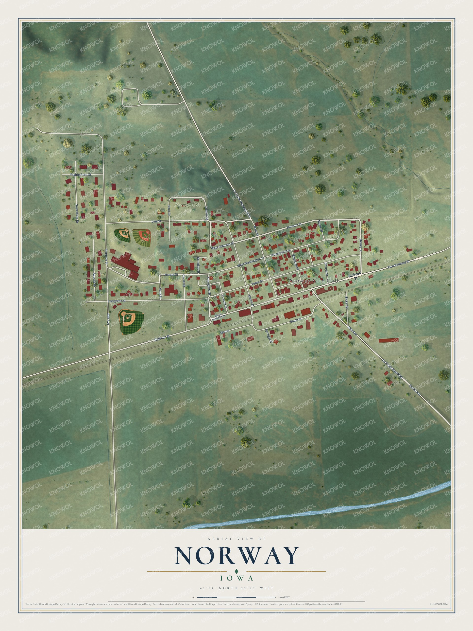 Full map of Norway, Iowa, with red buildings, printed street names and the land around them