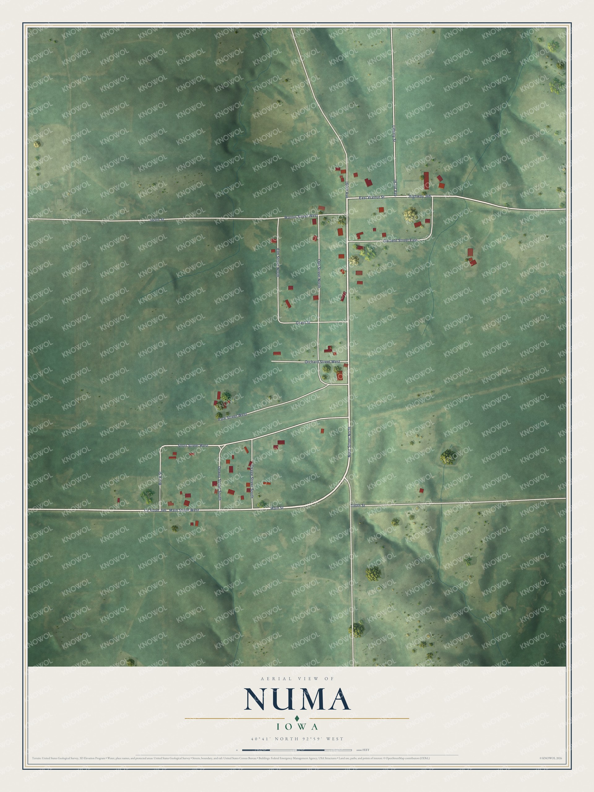 Full map of Numa, Iowa, with red buildings, printed street names and the land around them