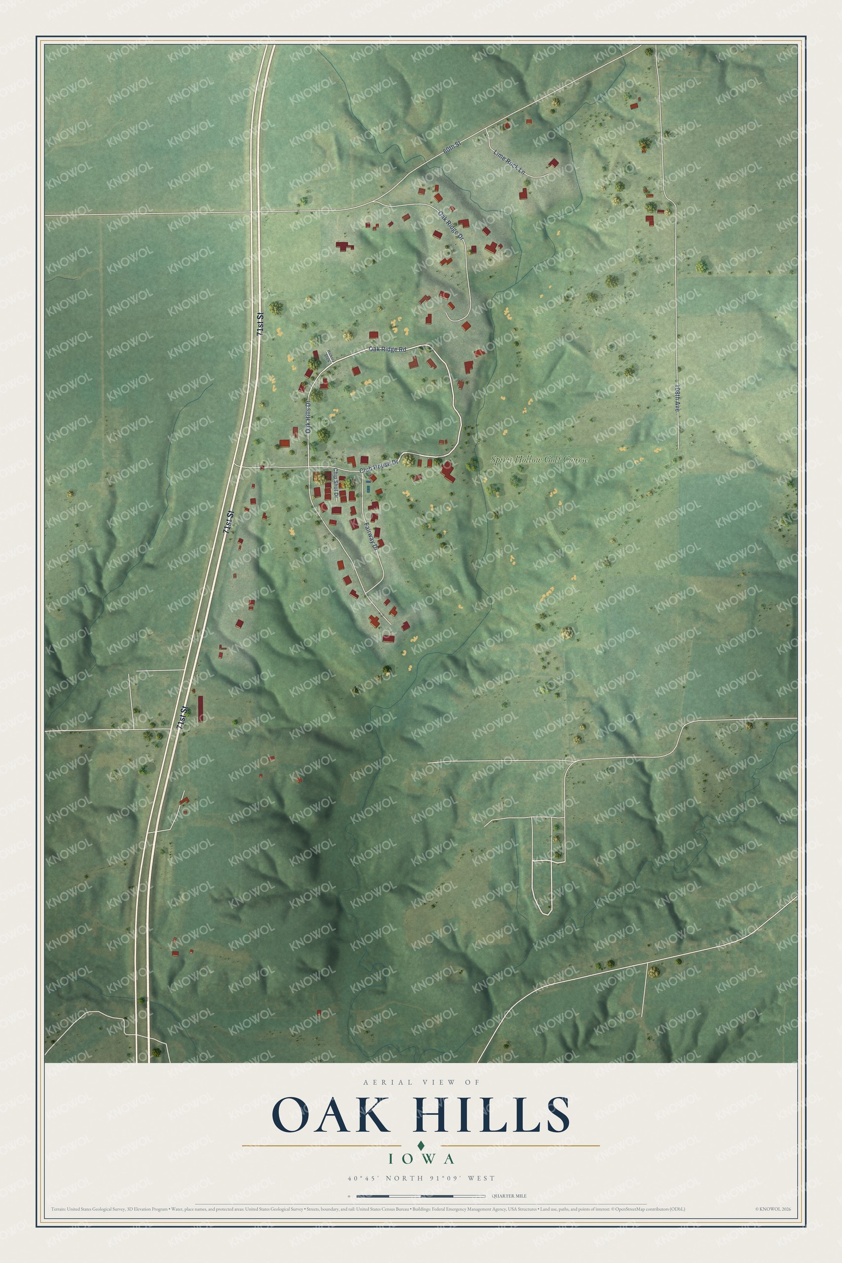 Full map of Oak Hills, Iowa, with red buildings, printed street names and the land around them