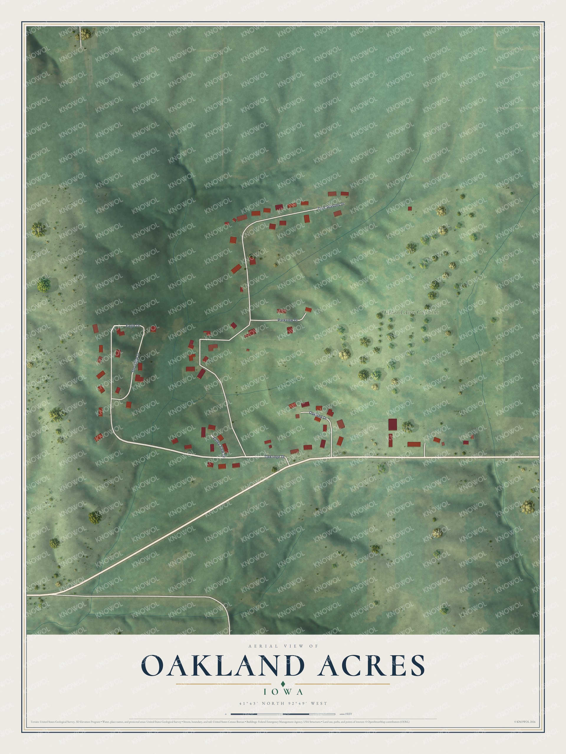 Watermarked full-map preview of Oakland Acres, Iowa