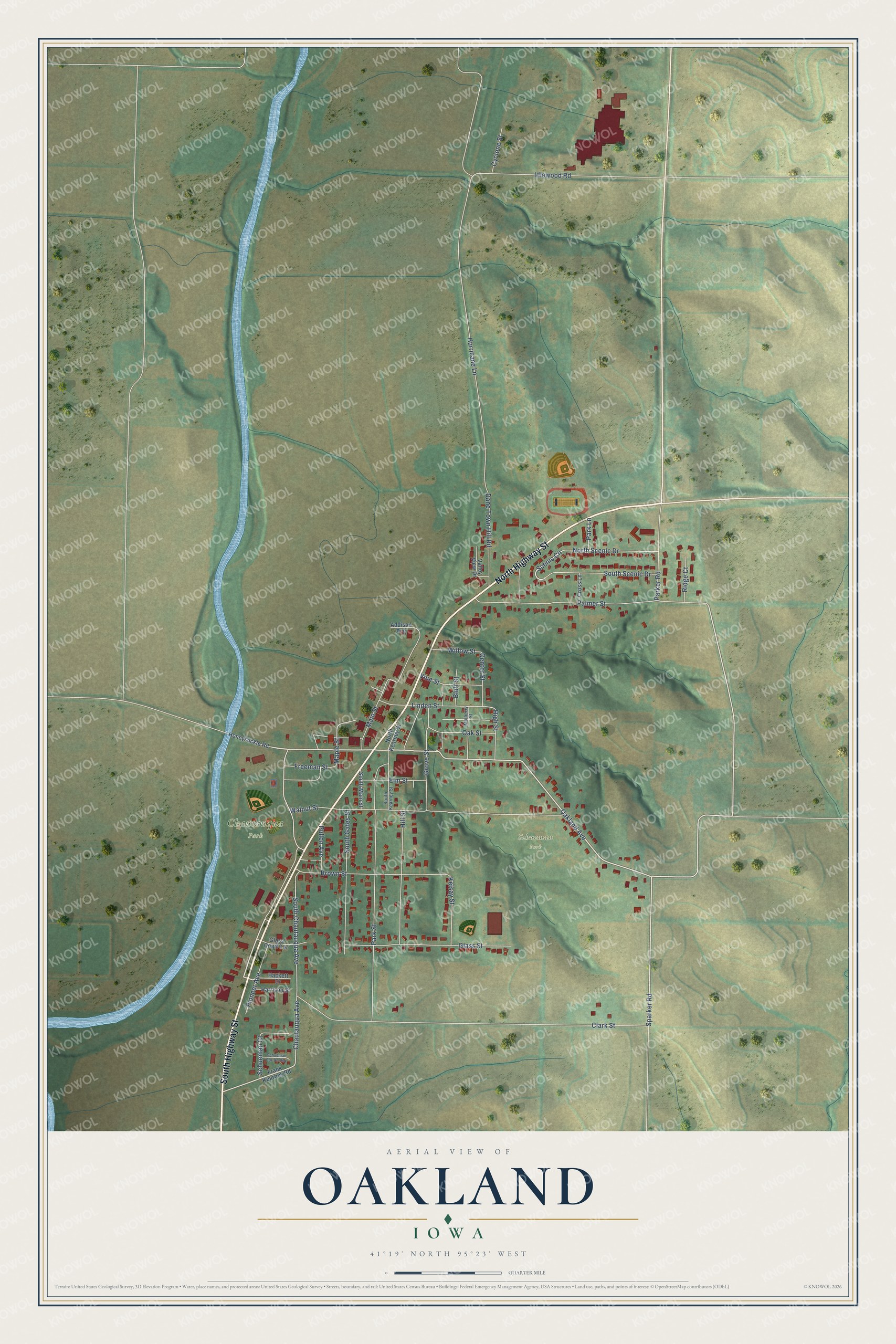 Full map of Oakland, Iowa, with red buildings, printed street names and the land around them