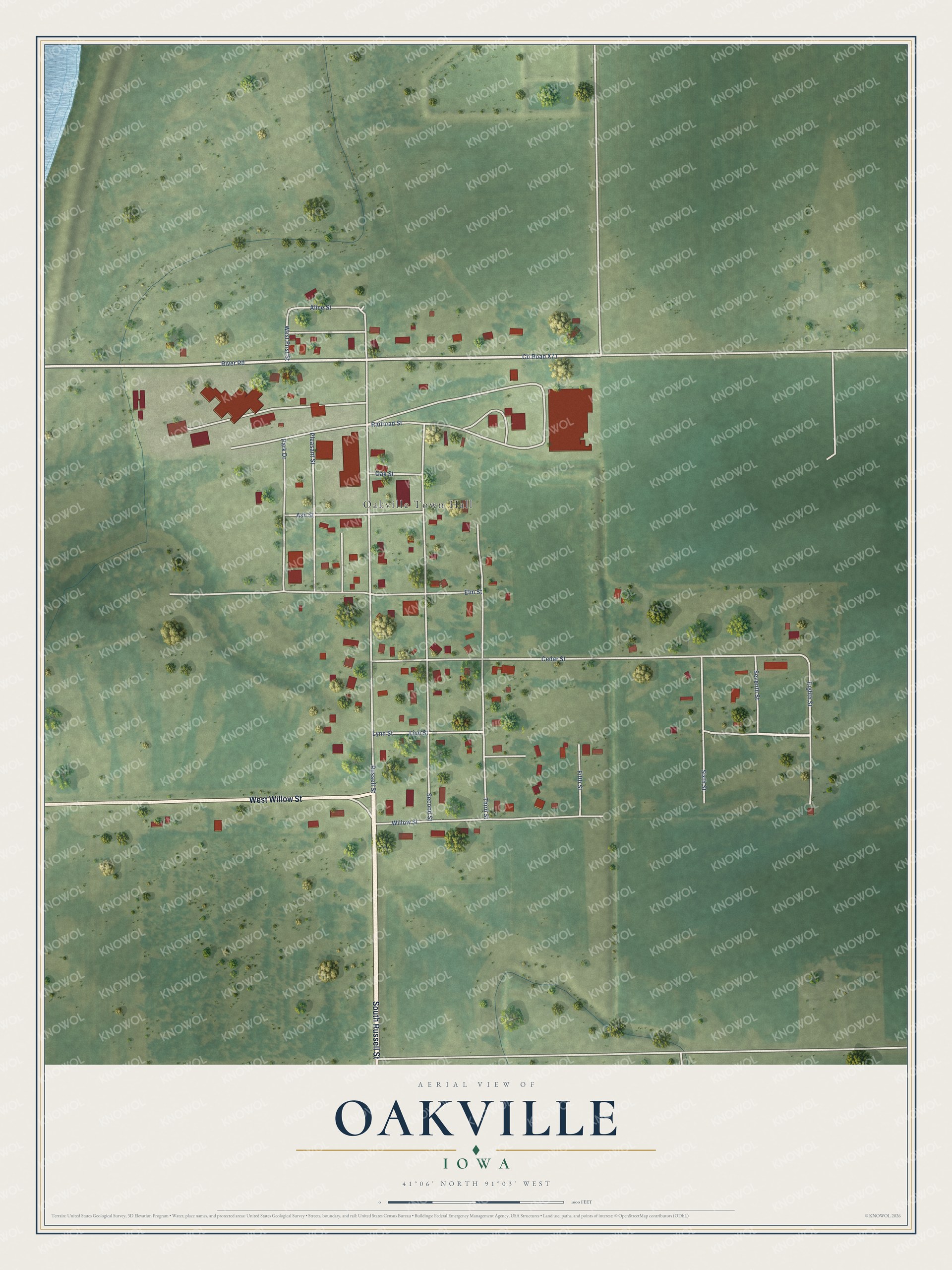Full map of Oakville, Iowa, with red buildings, printed street names and the land around them