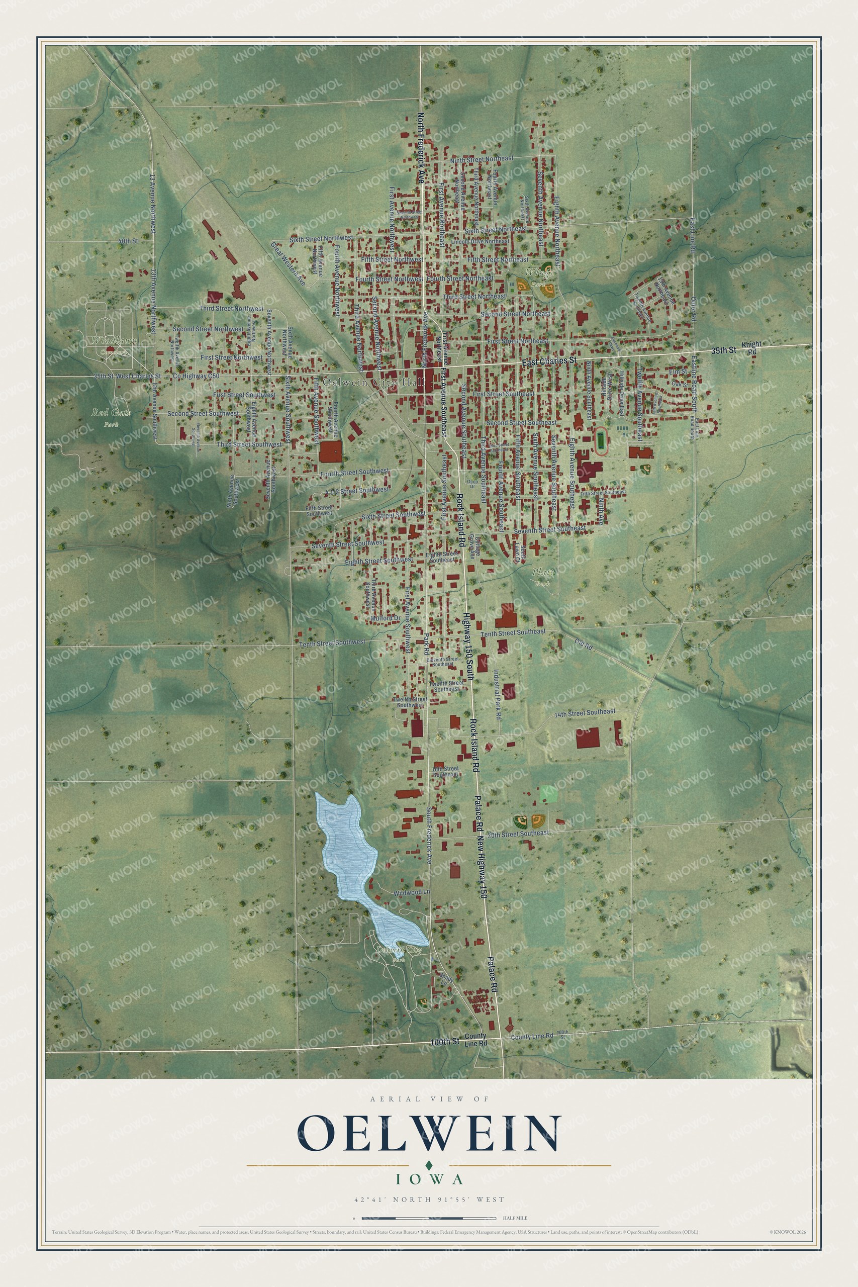 Full map of Oelwein, Iowa, with red buildings, printed street names and the land around them