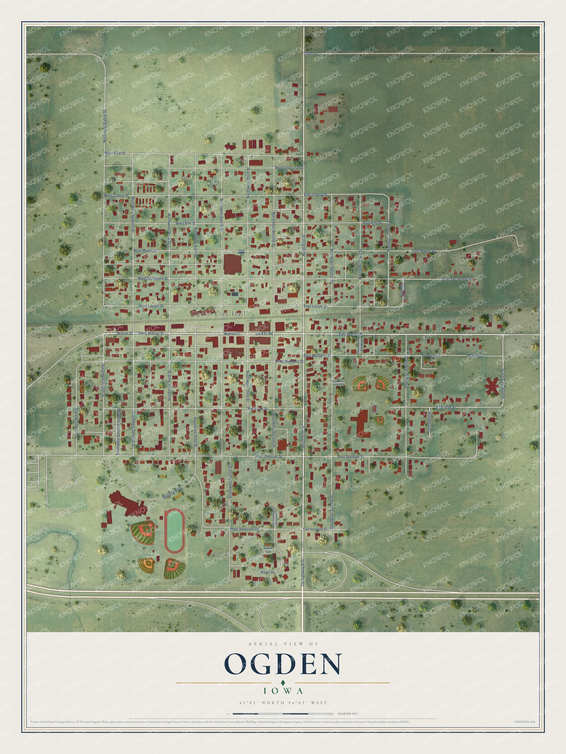 Full map of Ogden, Iowa, with red buildings, printed street names and the land around them