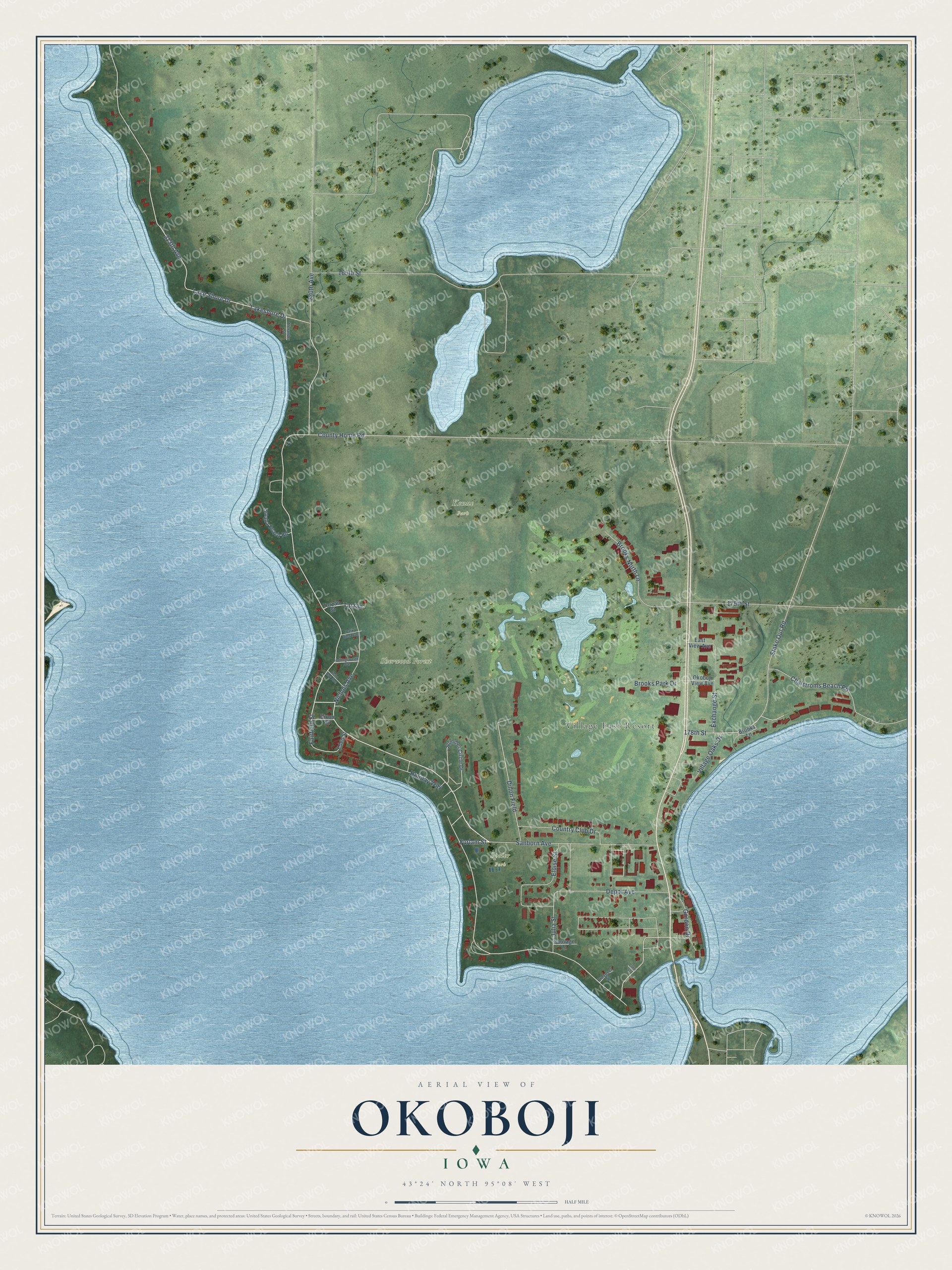 Full map of Okoboji, Iowa, with red buildings, printed street names and the land around them