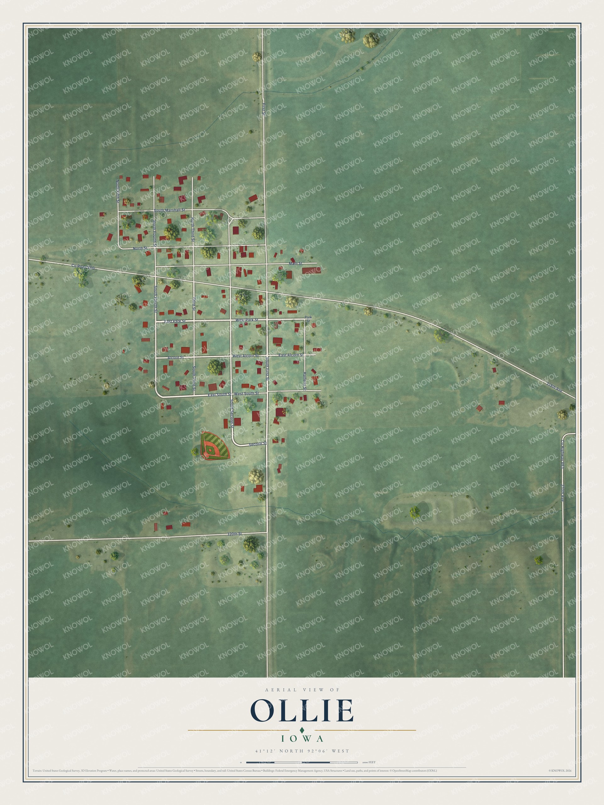 Full map of Ollie, Iowa, with red buildings, printed street names and the land around them
