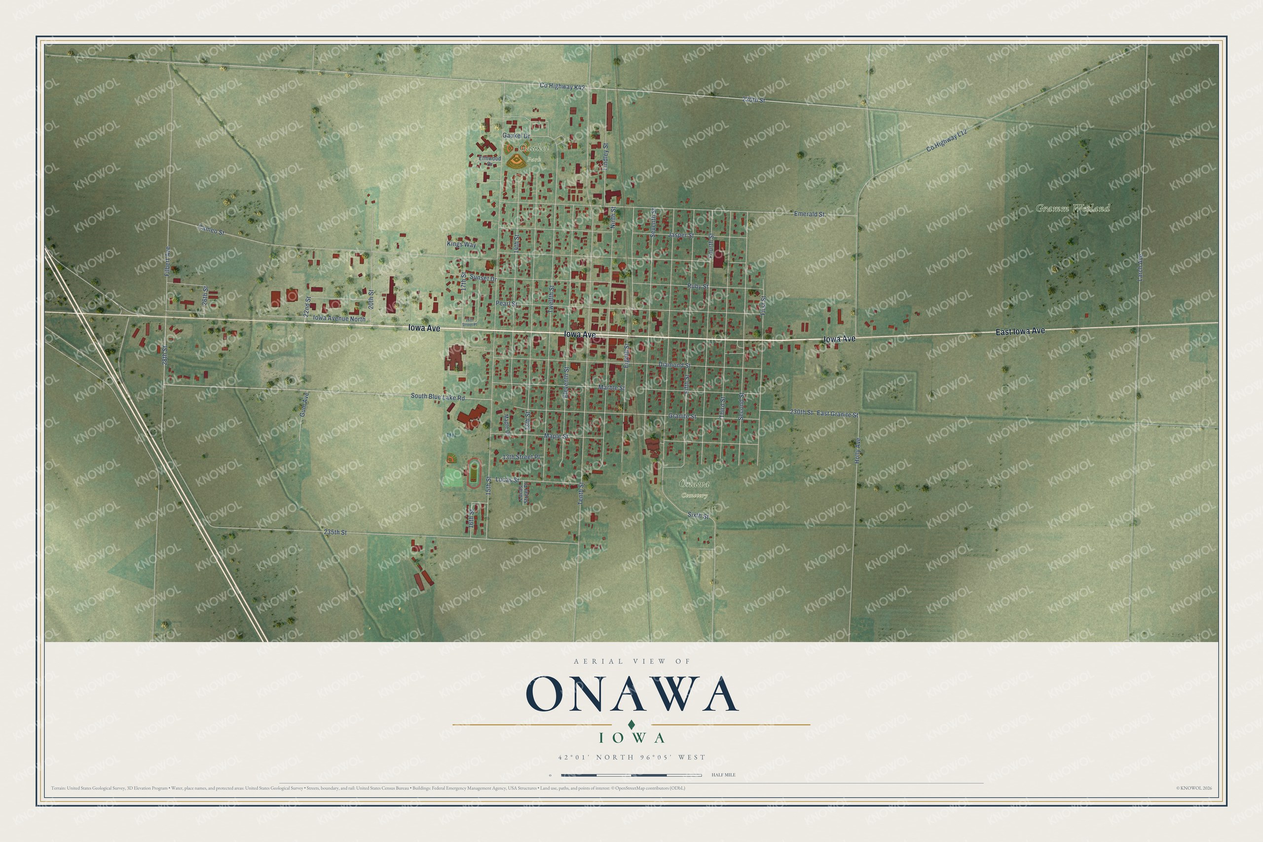 Full map of Onawa, Iowa, with red buildings, printed street names and the land around them