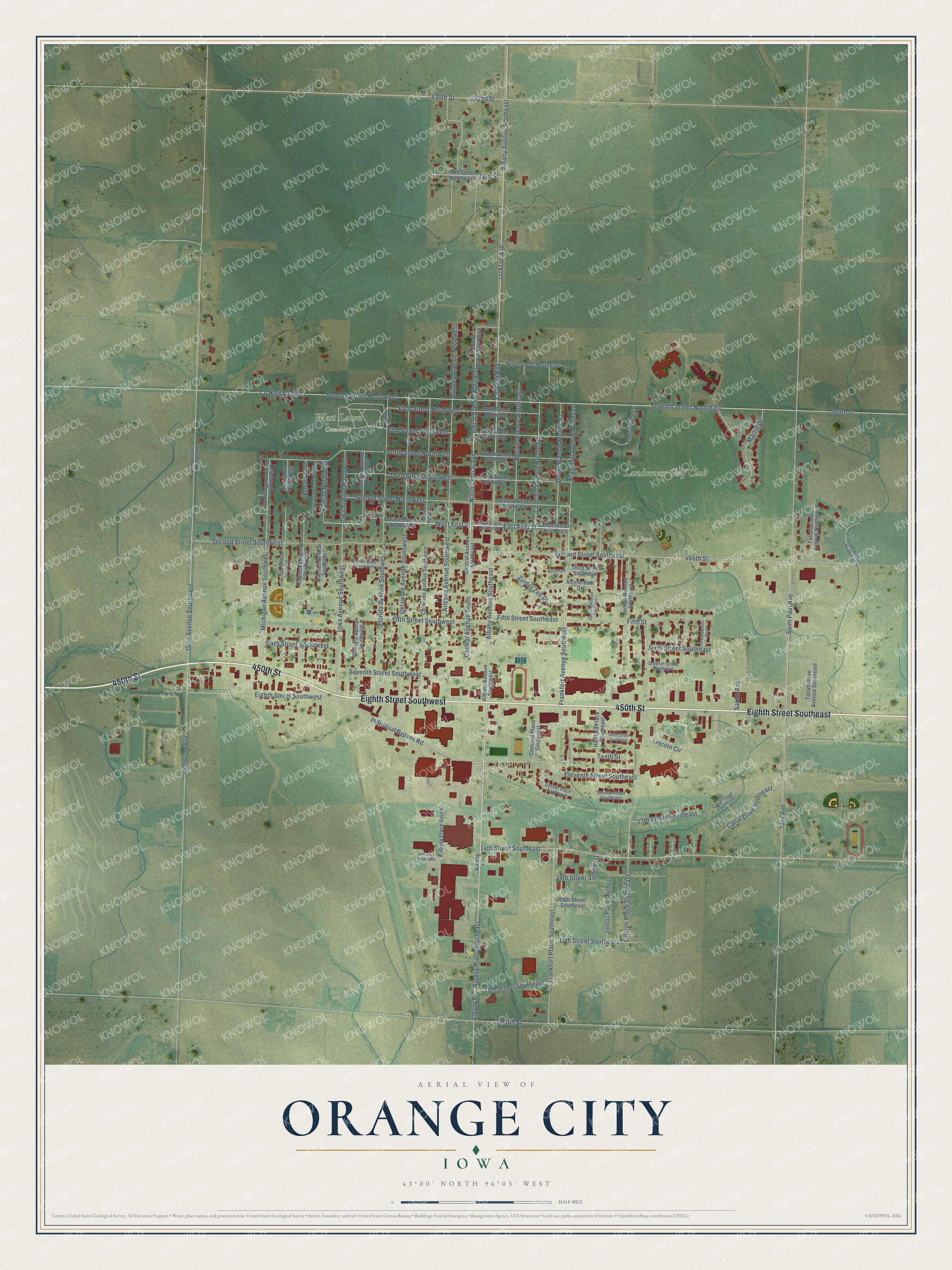 Full map of Orange City, Iowa, with red buildings, printed street names and the land around them