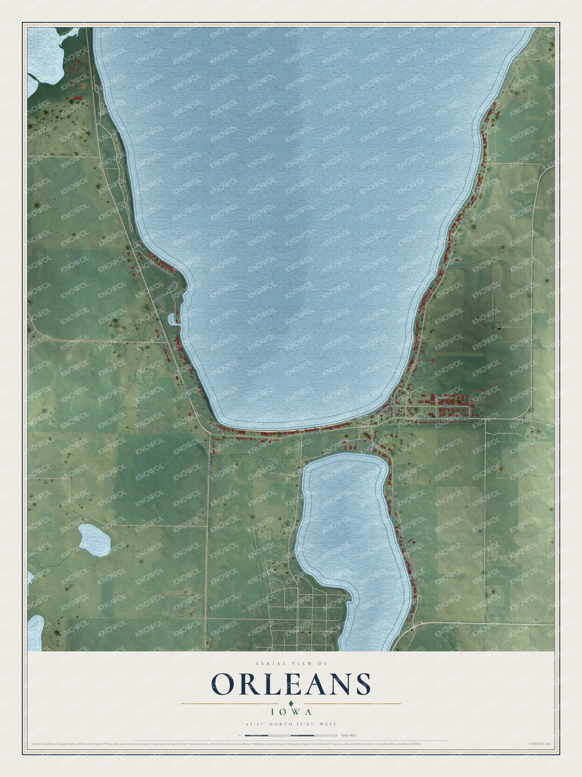 Full map of Orleans, Iowa, with red buildings, printed street names and the land around them