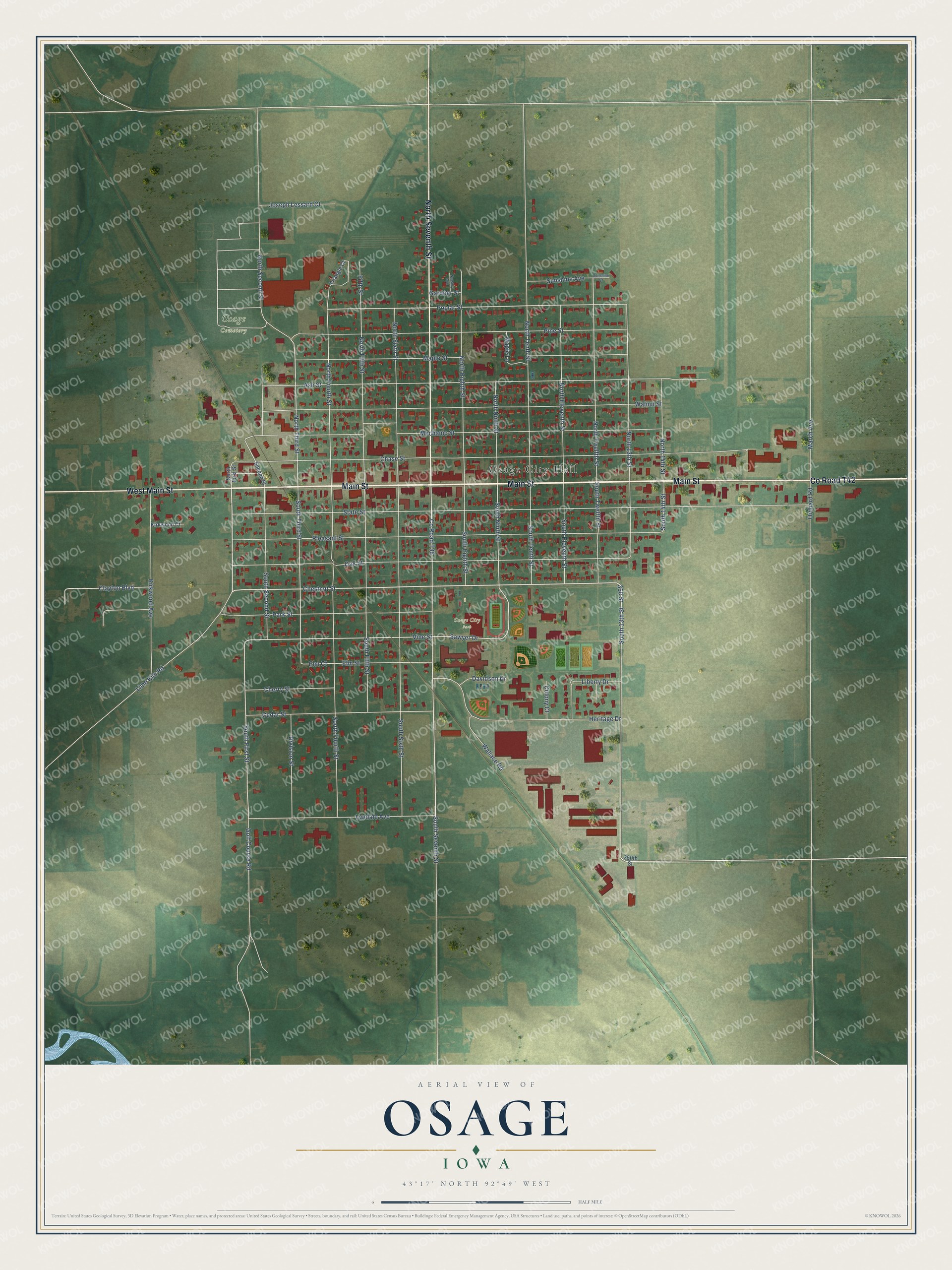 Full map of Osage, Iowa, with red buildings, printed street names and the land around them