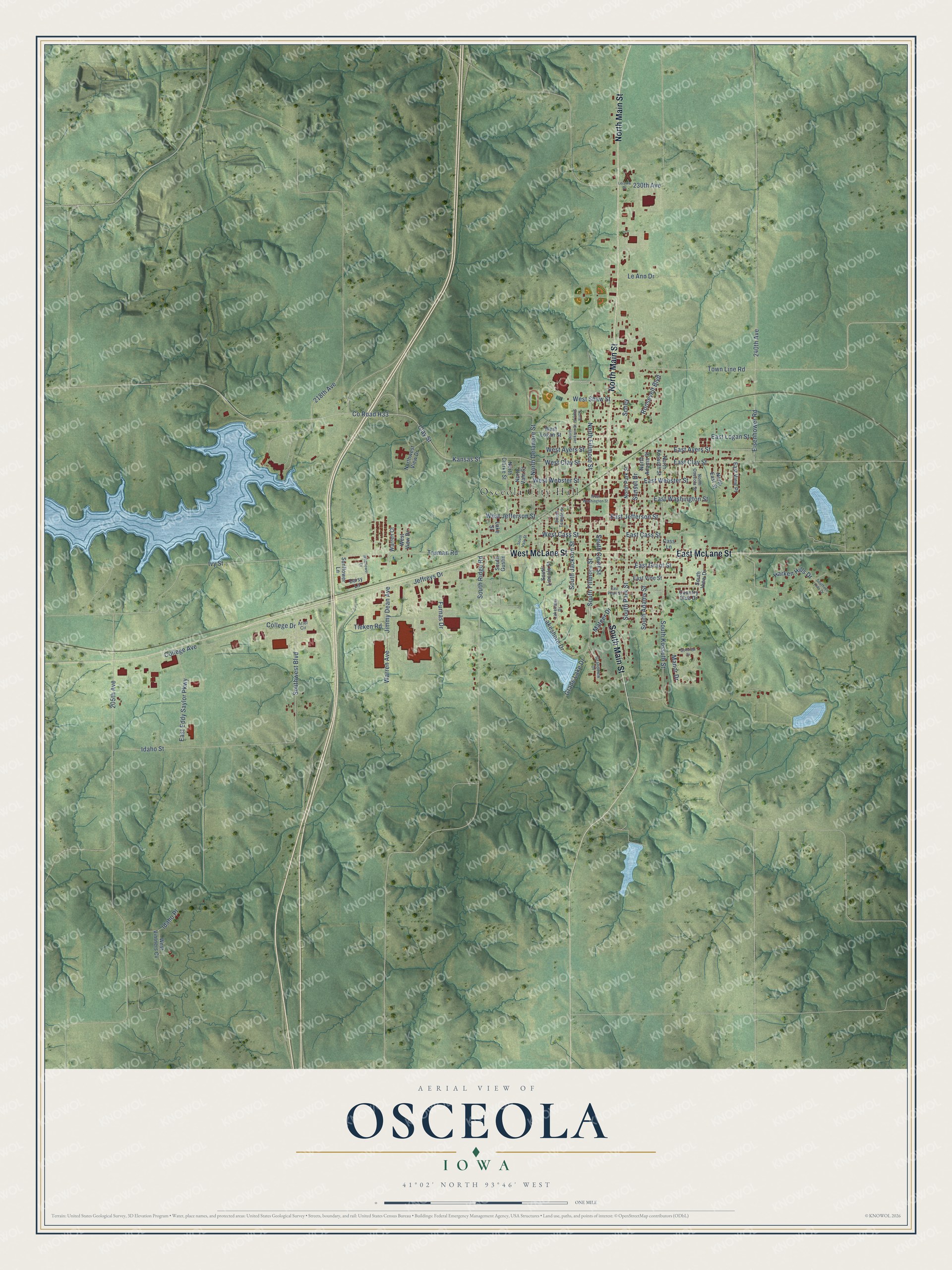 Full map of Osceola, Iowa, with red buildings, printed street names and the land around them