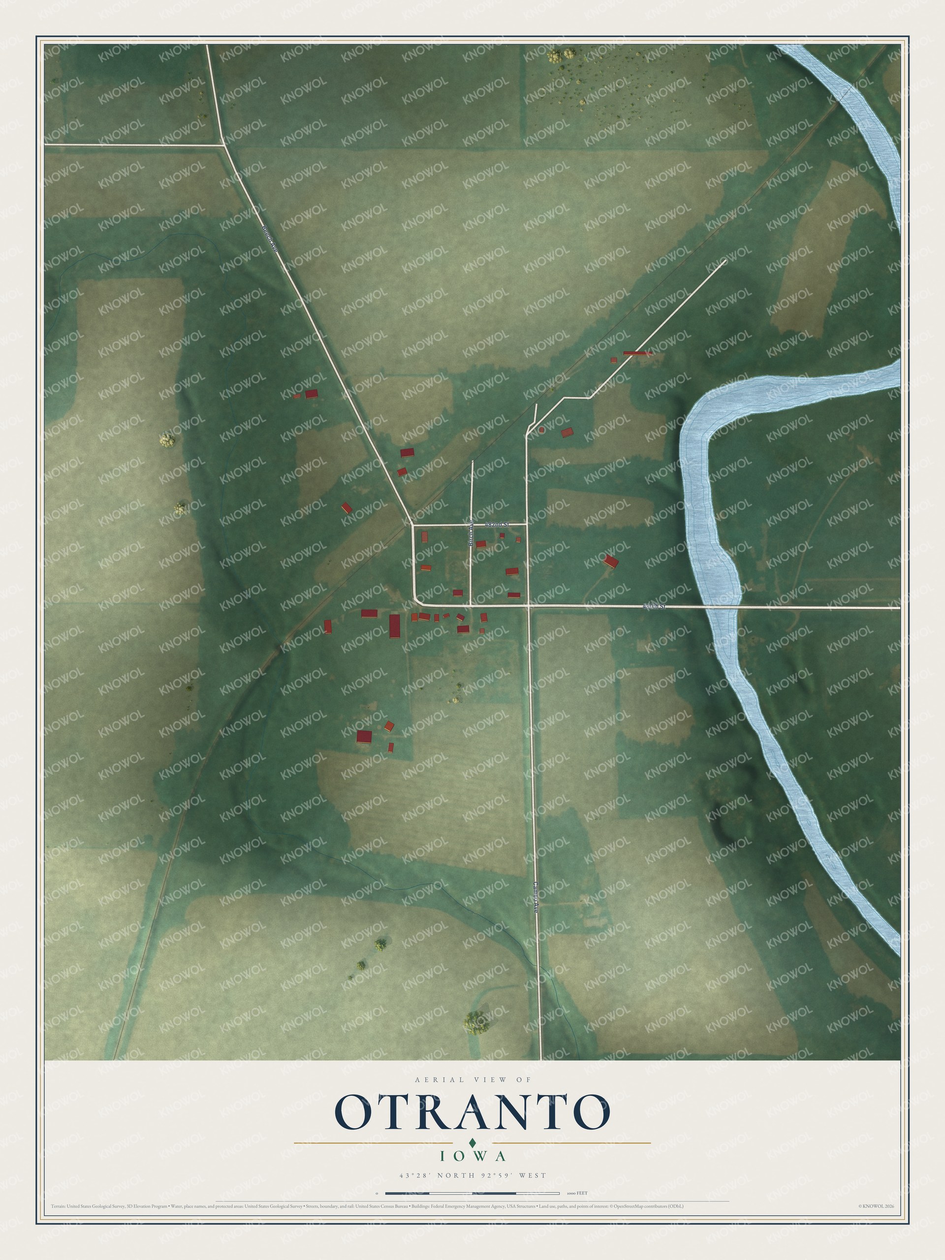 Full map of Otranto, Iowa, with red buildings, printed street names and the land around them
