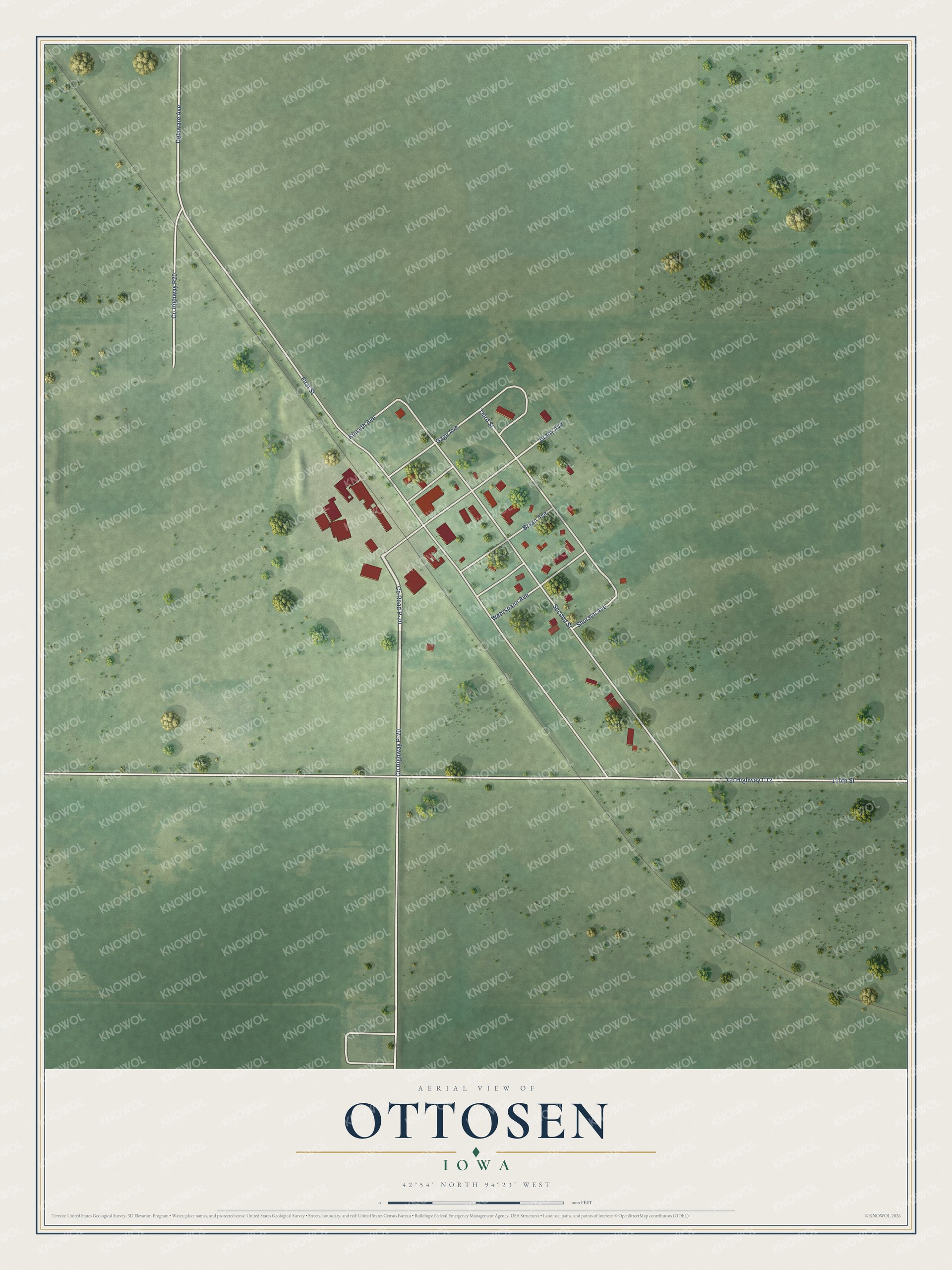 Full map of Ottosen, Iowa, with red buildings, printed street names and the land around them