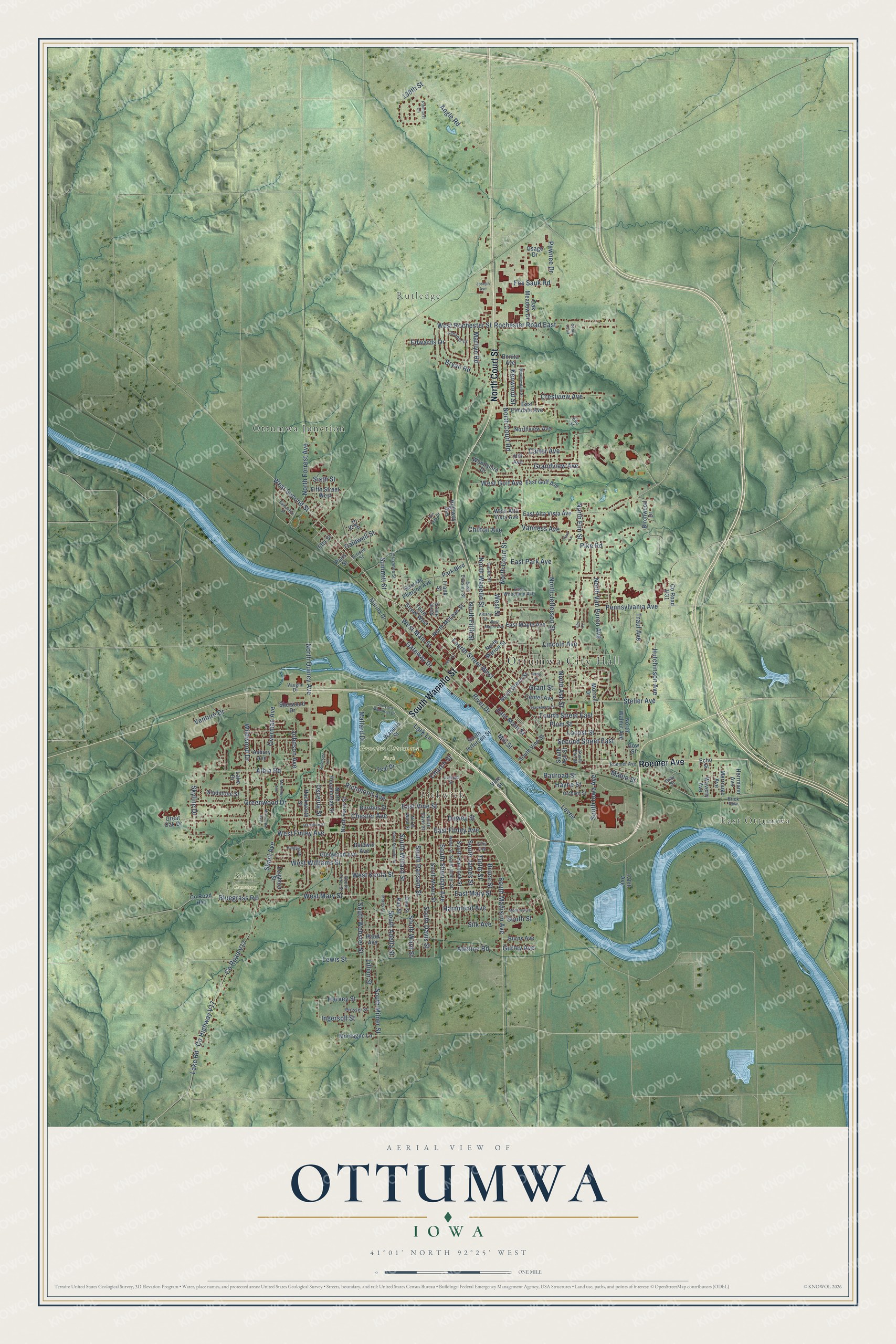 Full map of Ottumwa, Iowa, with red buildings, printed street names and the land around them