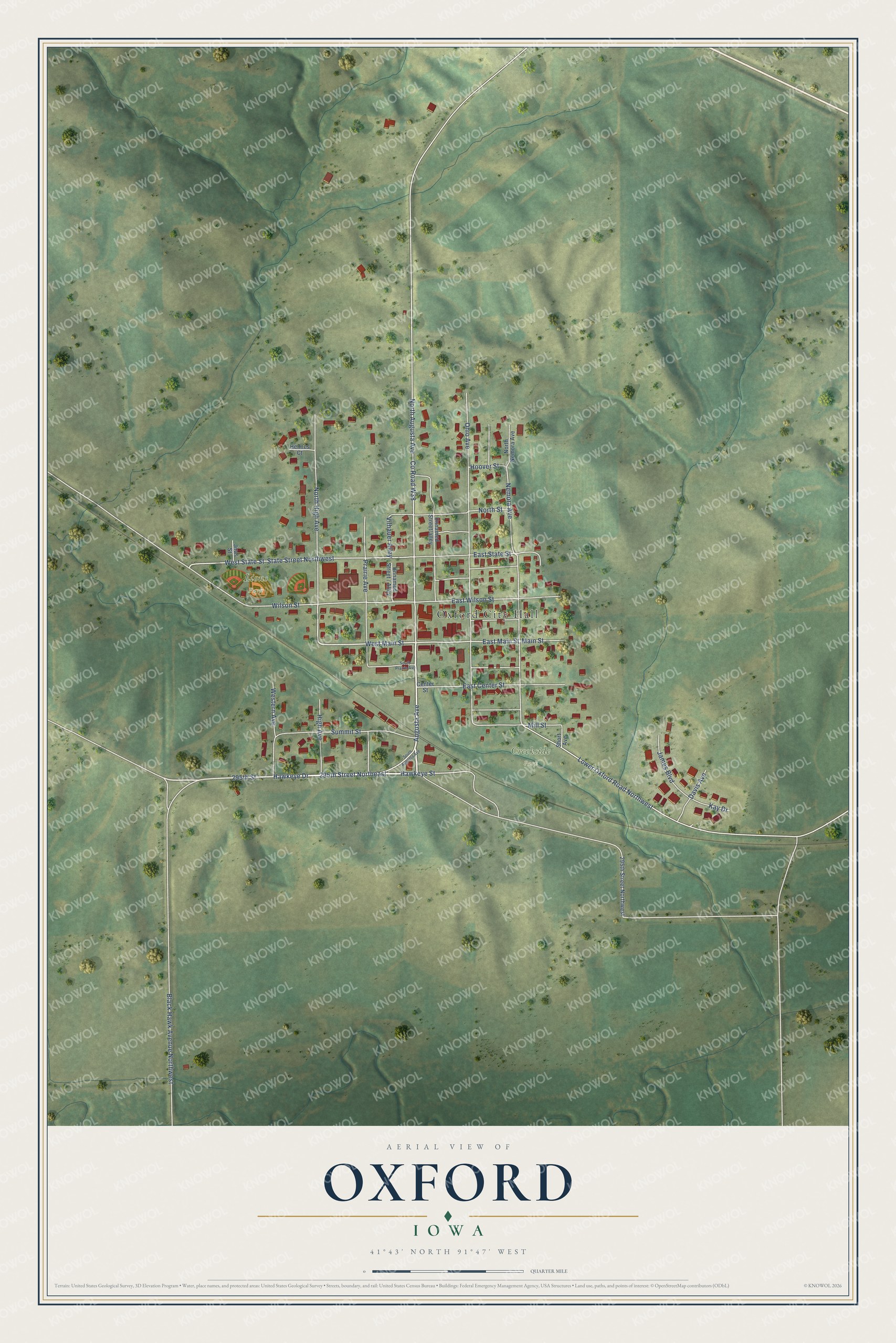 Full map of Oxford, Iowa, with red buildings, printed street names and the land around them