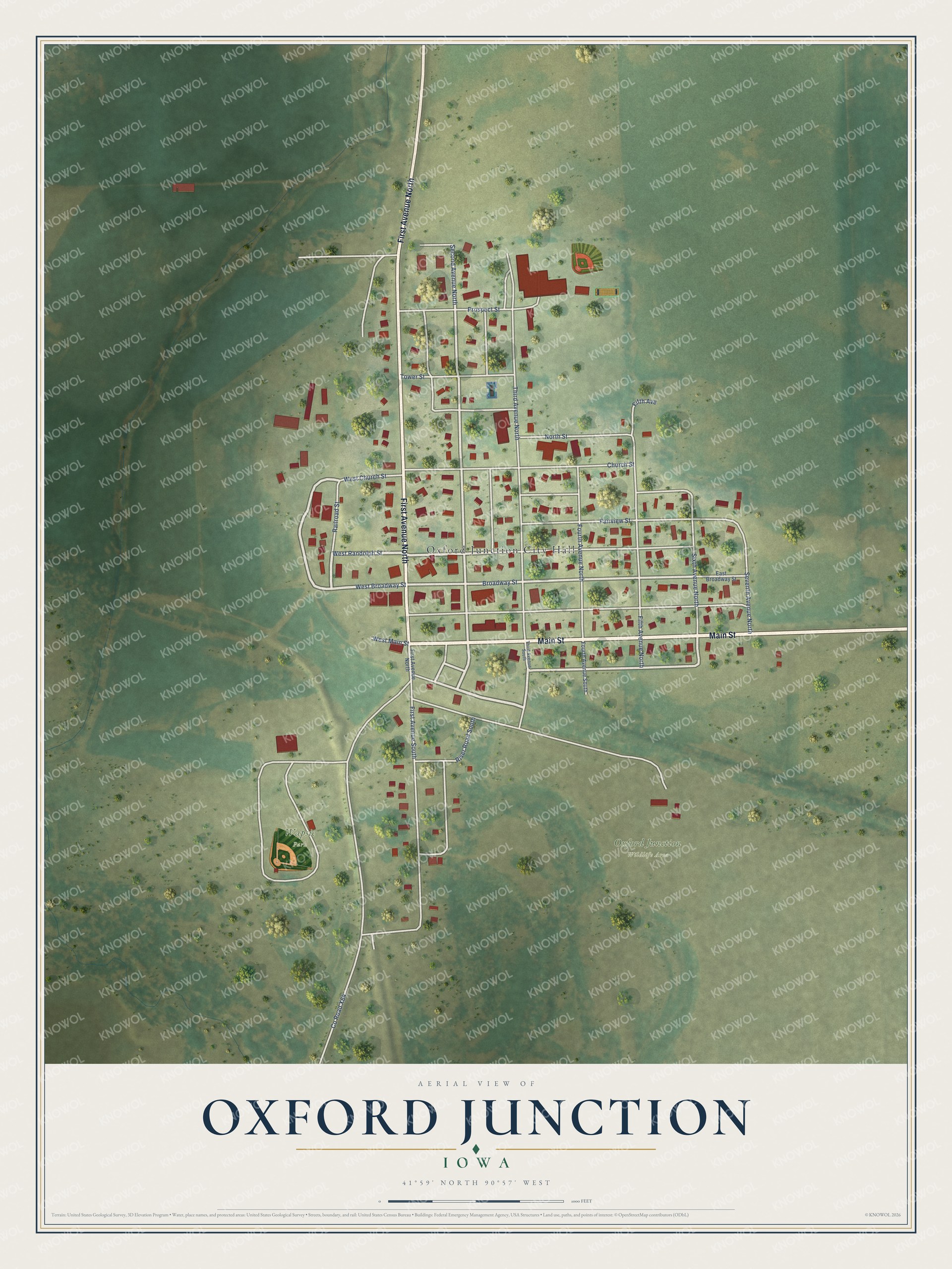 Full map of Oxford Junction, Iowa, with red buildings, printed street names and the land around them