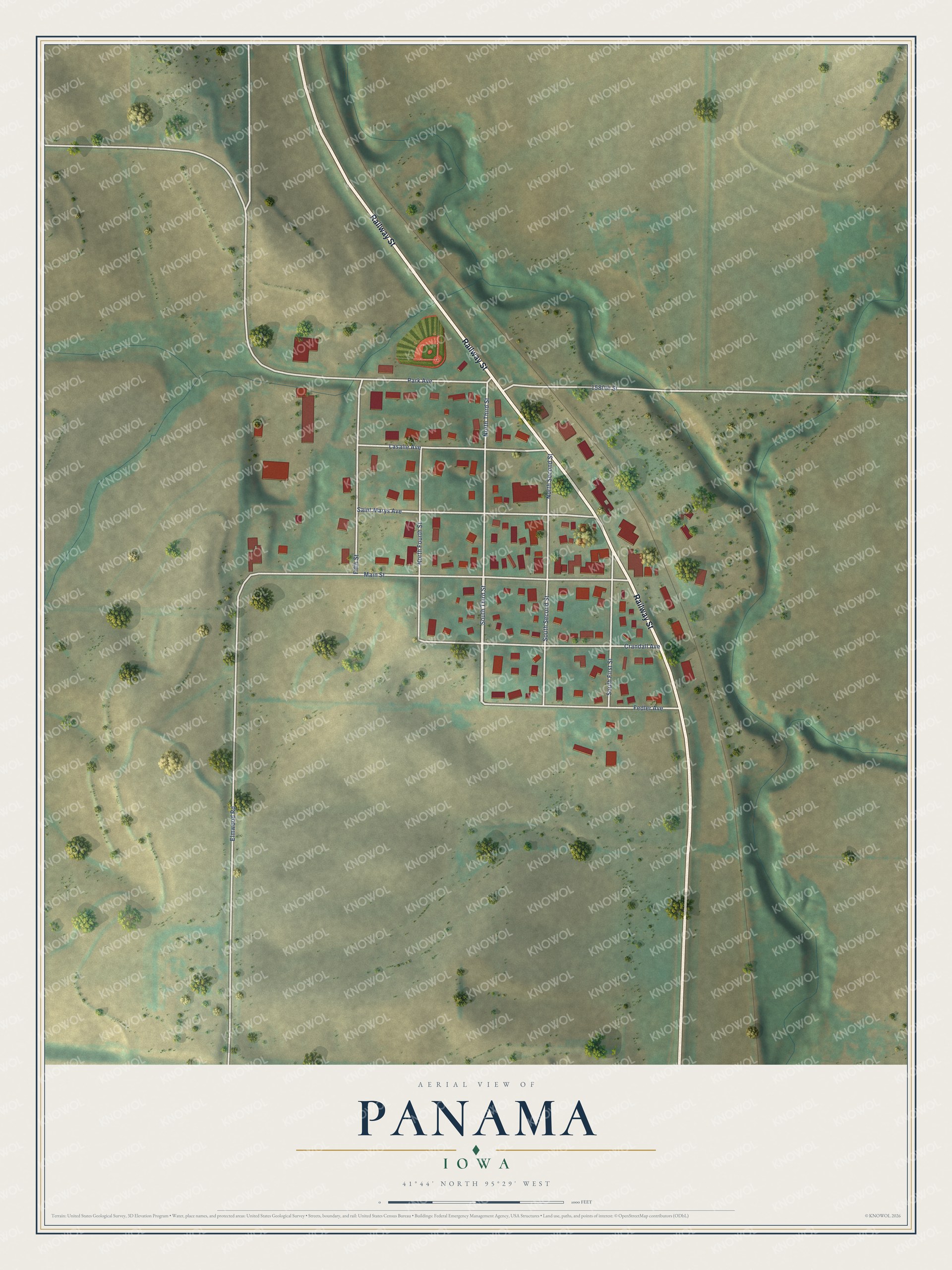 Full map of Panama, Iowa, with red buildings, printed street names and the land around them