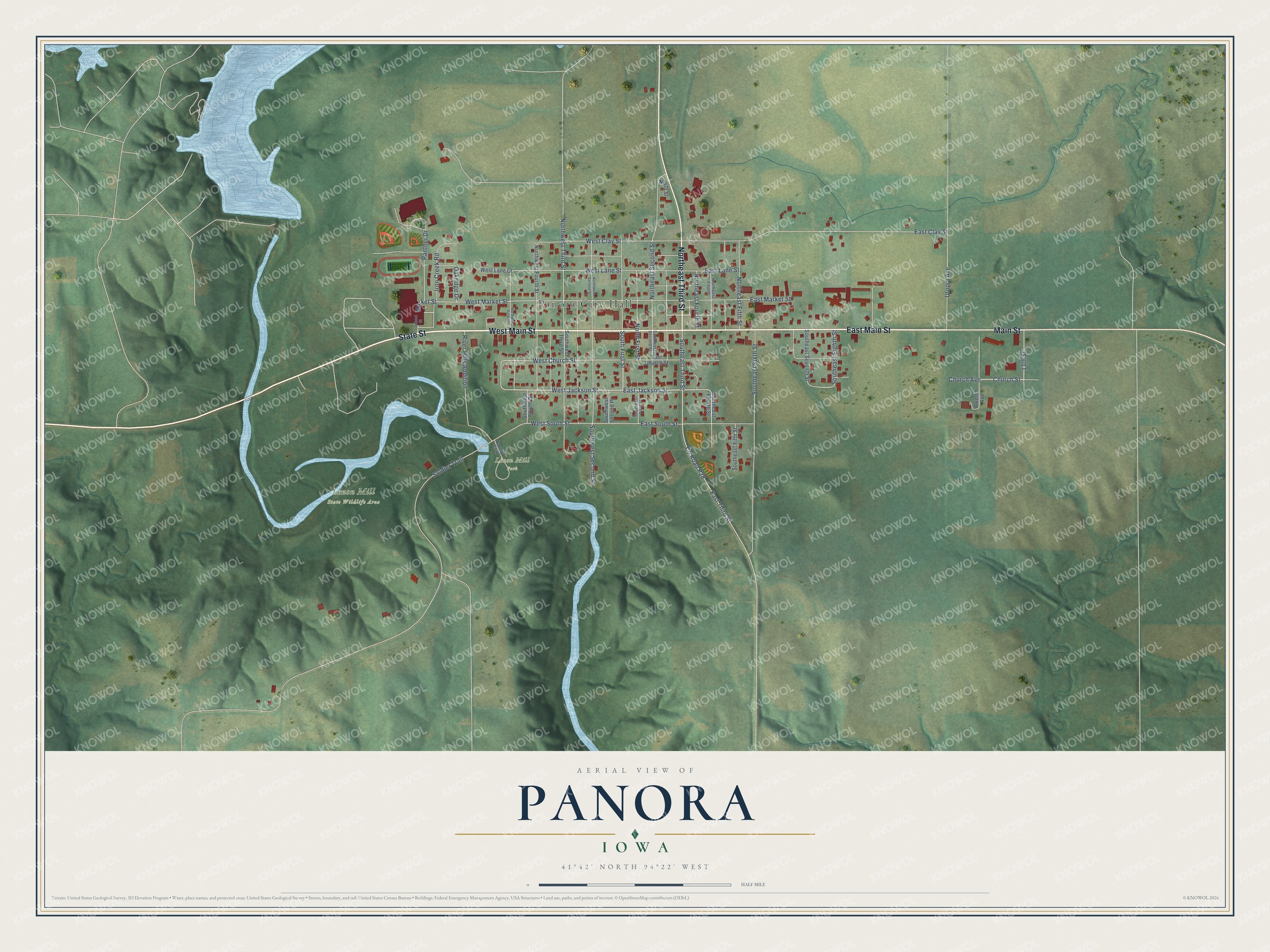 Full map of Panora, Iowa, with red buildings, printed street names and the land around them