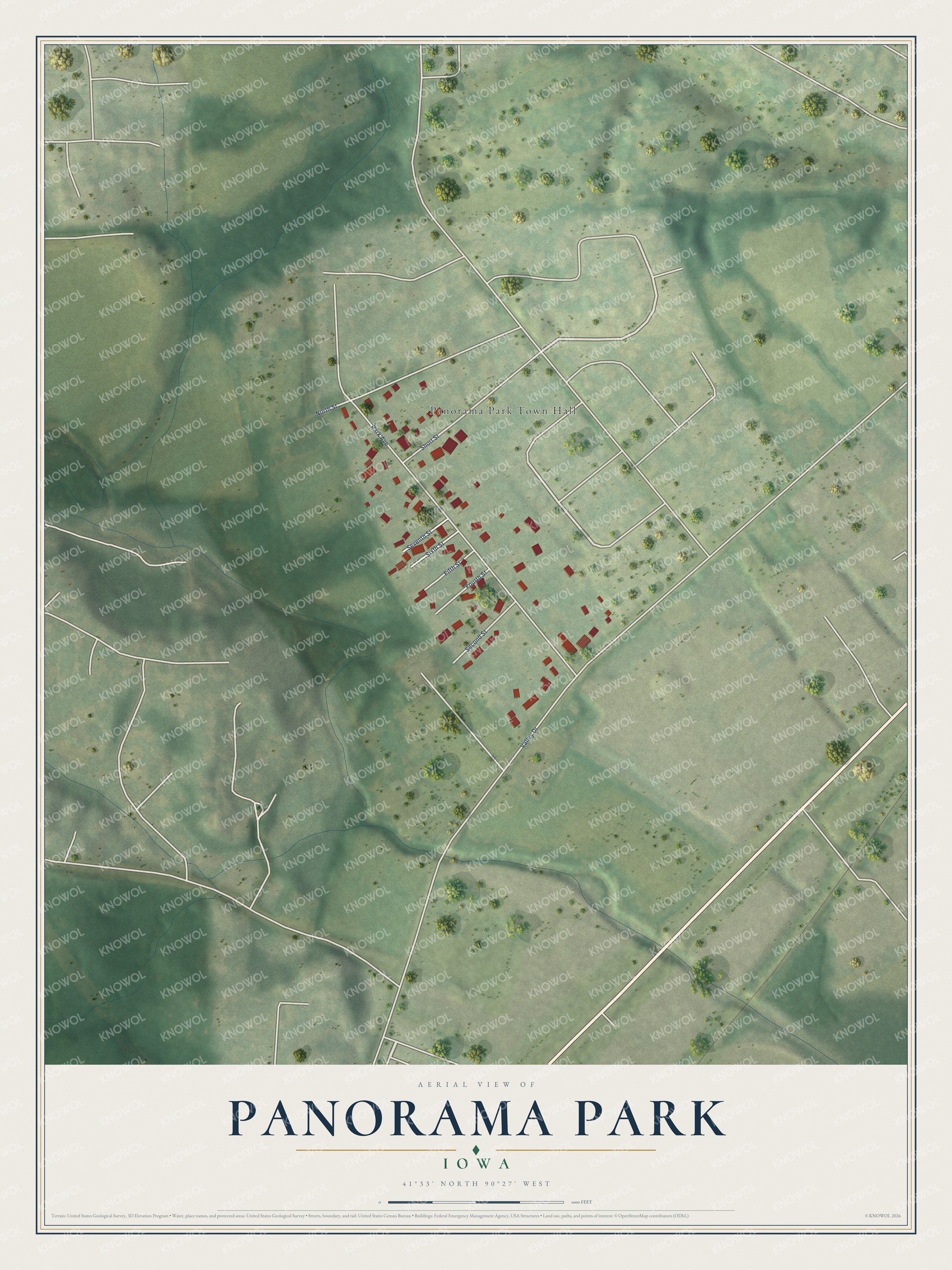 Full map of Panorama Park, Iowa, with red buildings, printed street names and the land around them