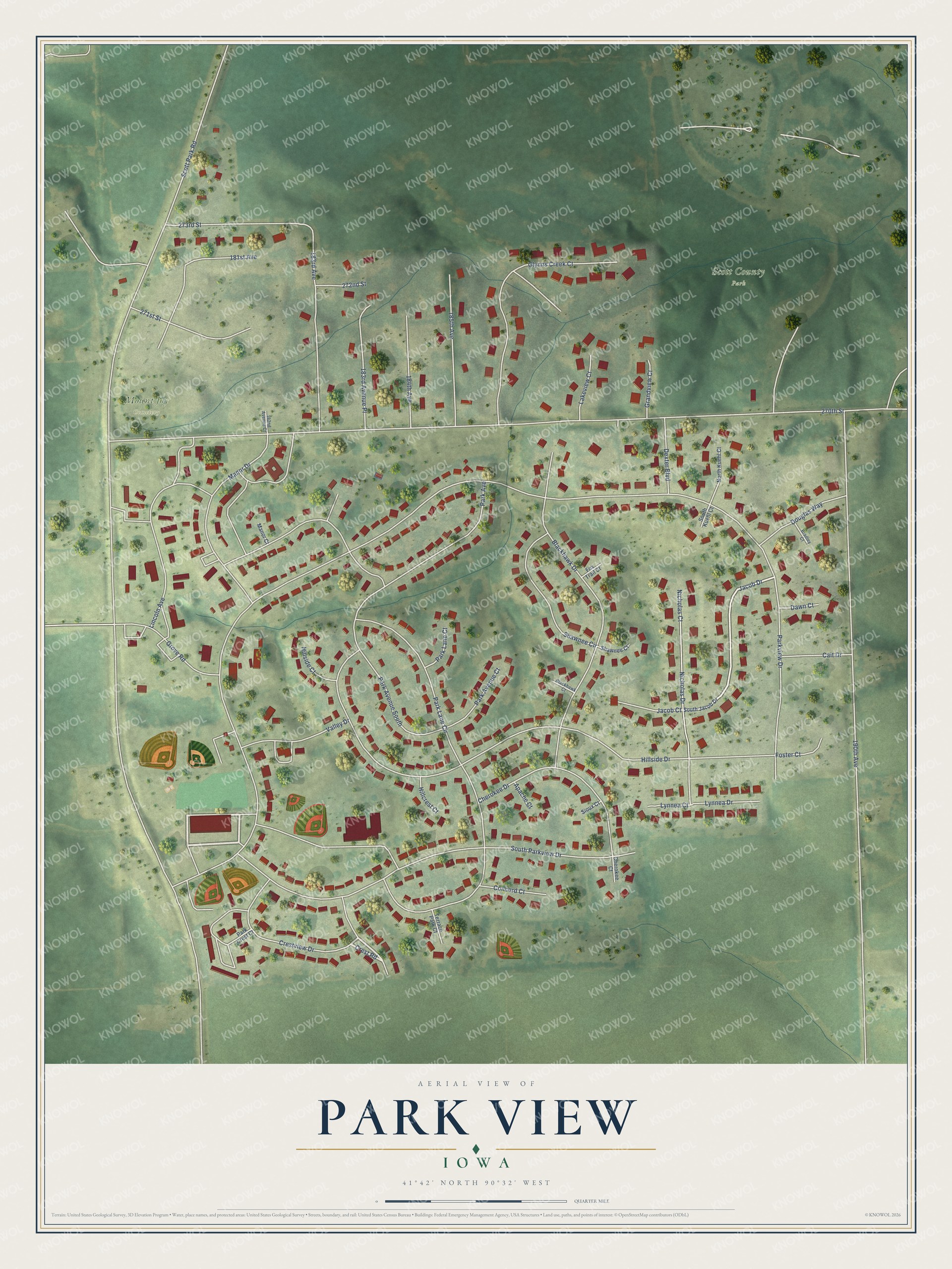 Full map of Park View, Iowa, with red buildings, printed street names and the land around them