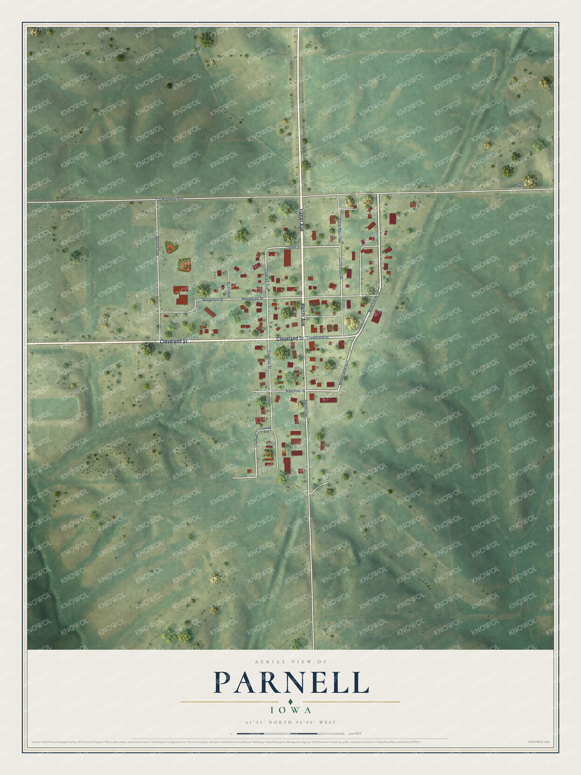 Full map of Parnell, Iowa, with red buildings, printed street names and the land around them