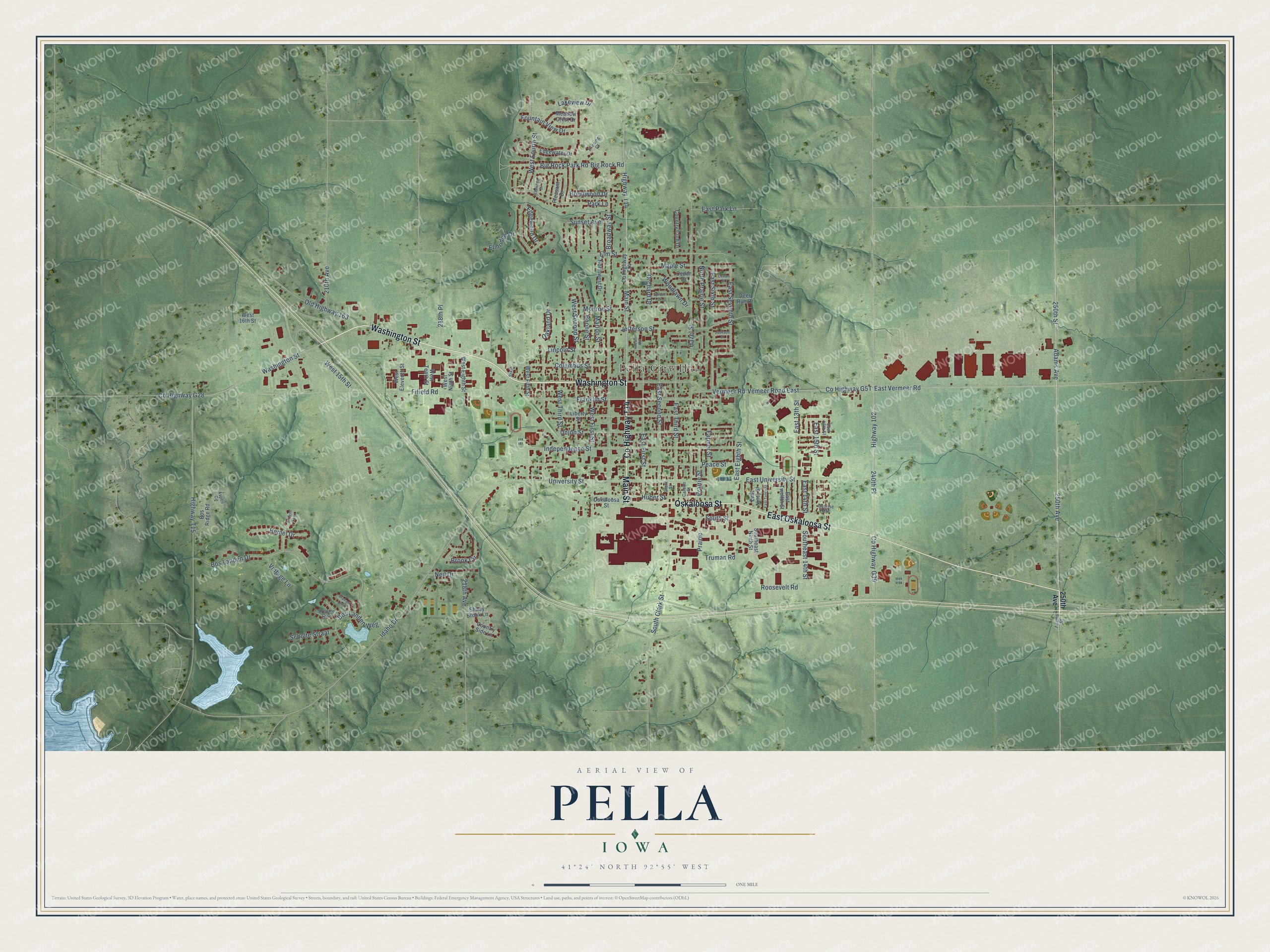 Full map of Pella, Iowa, with red buildings, printed street names and the land around them