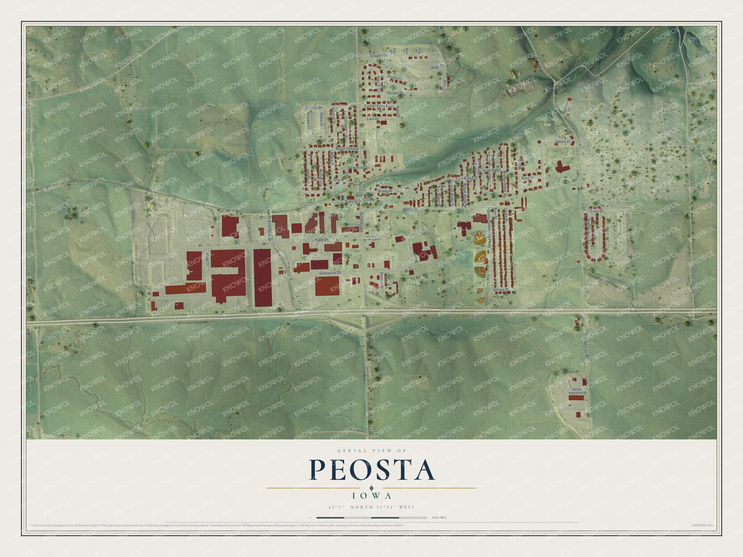 Full map of Peosta, Iowa, with red buildings, printed street names and the land around them