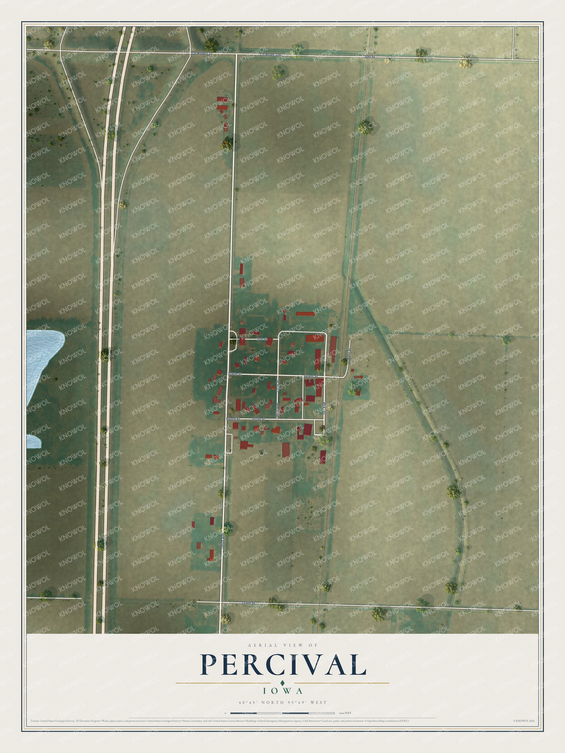 Full map of Percival, Iowa, with red buildings, printed street names and the land around them