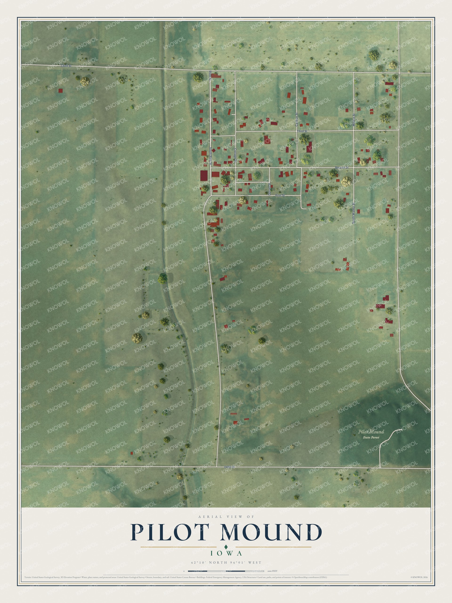 Full map of Pilot Mound, Iowa, with red buildings, printed street names and the land around them