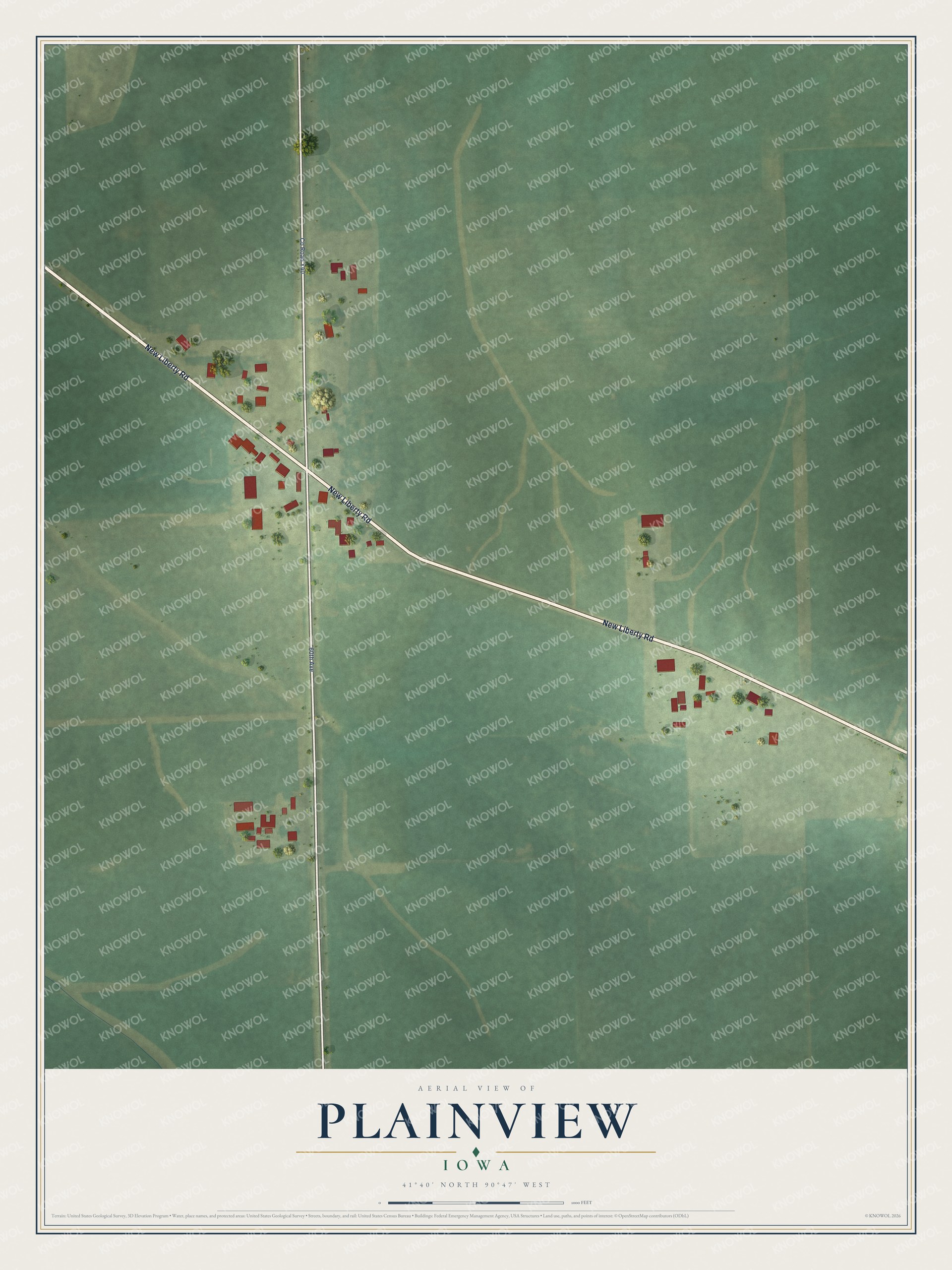 Full map of Plainview, Iowa, with red buildings, printed street names and the land around them