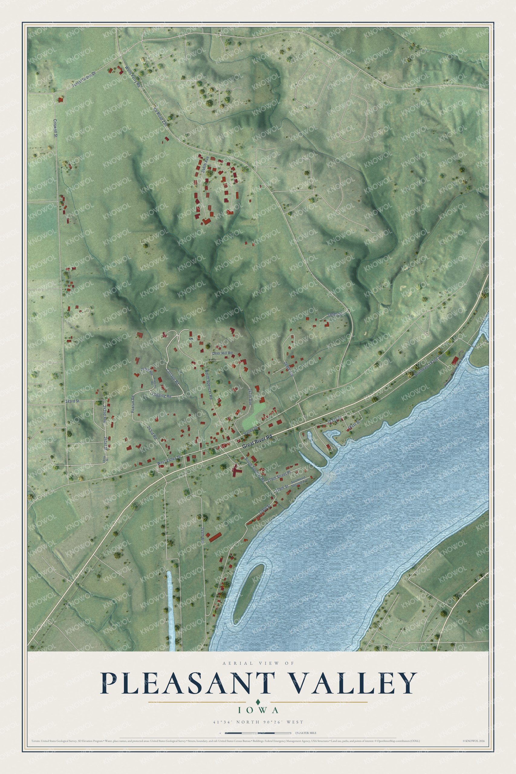 Full map of Pleasant Valley, Iowa, with red buildings, printed street names and the land around them