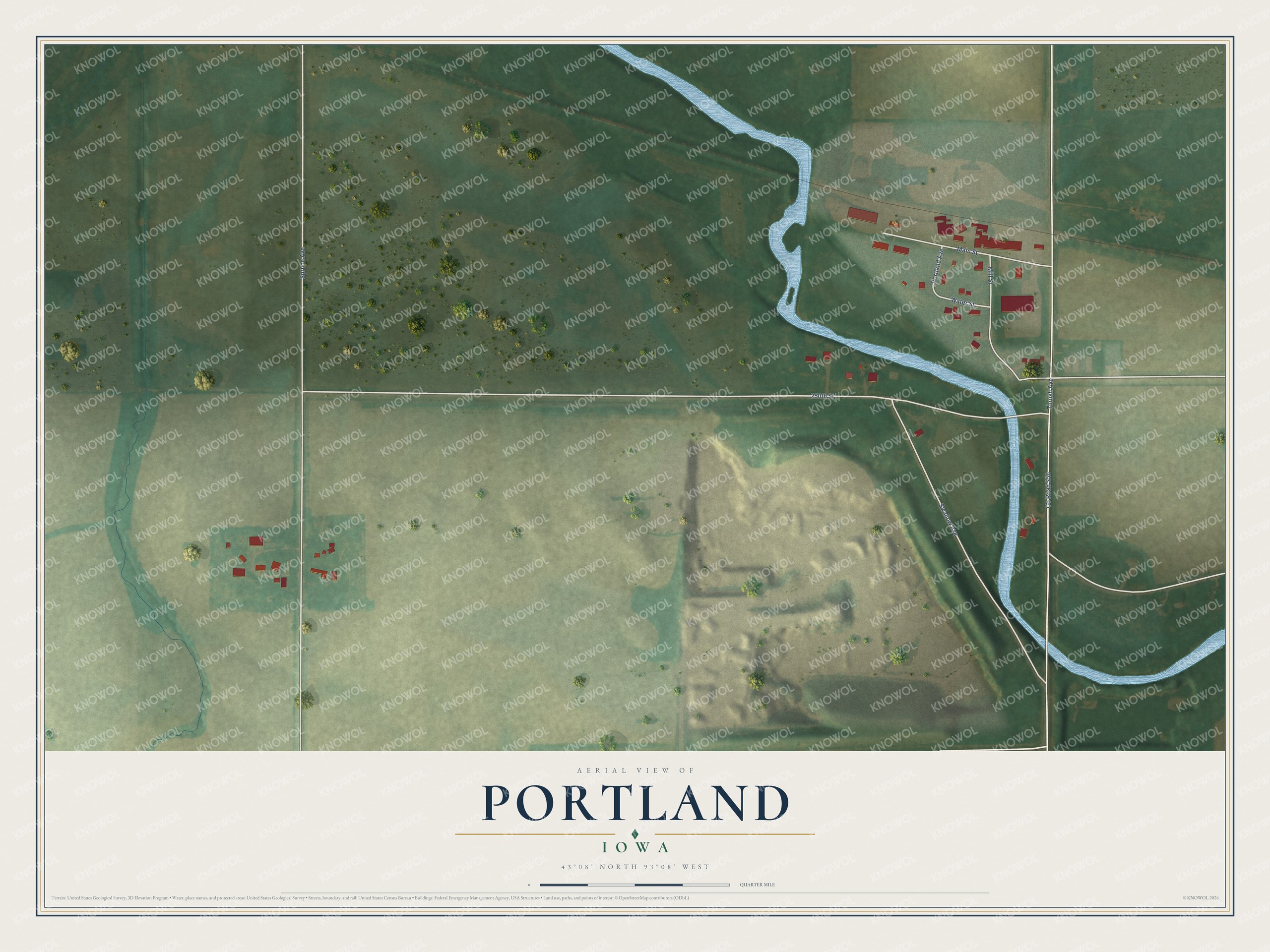 Full map of Portland, Iowa, with red buildings, printed street names and the land around them