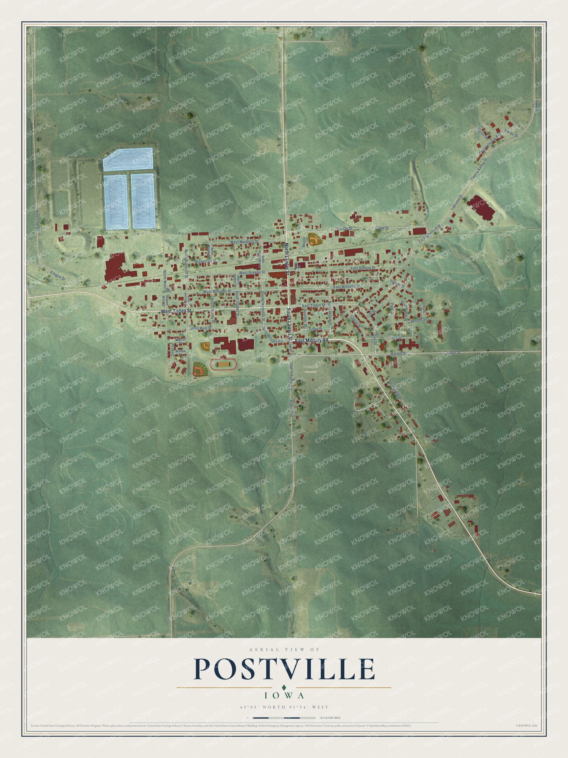 Full map of Postville, Iowa, with red buildings, printed street names and the land around them