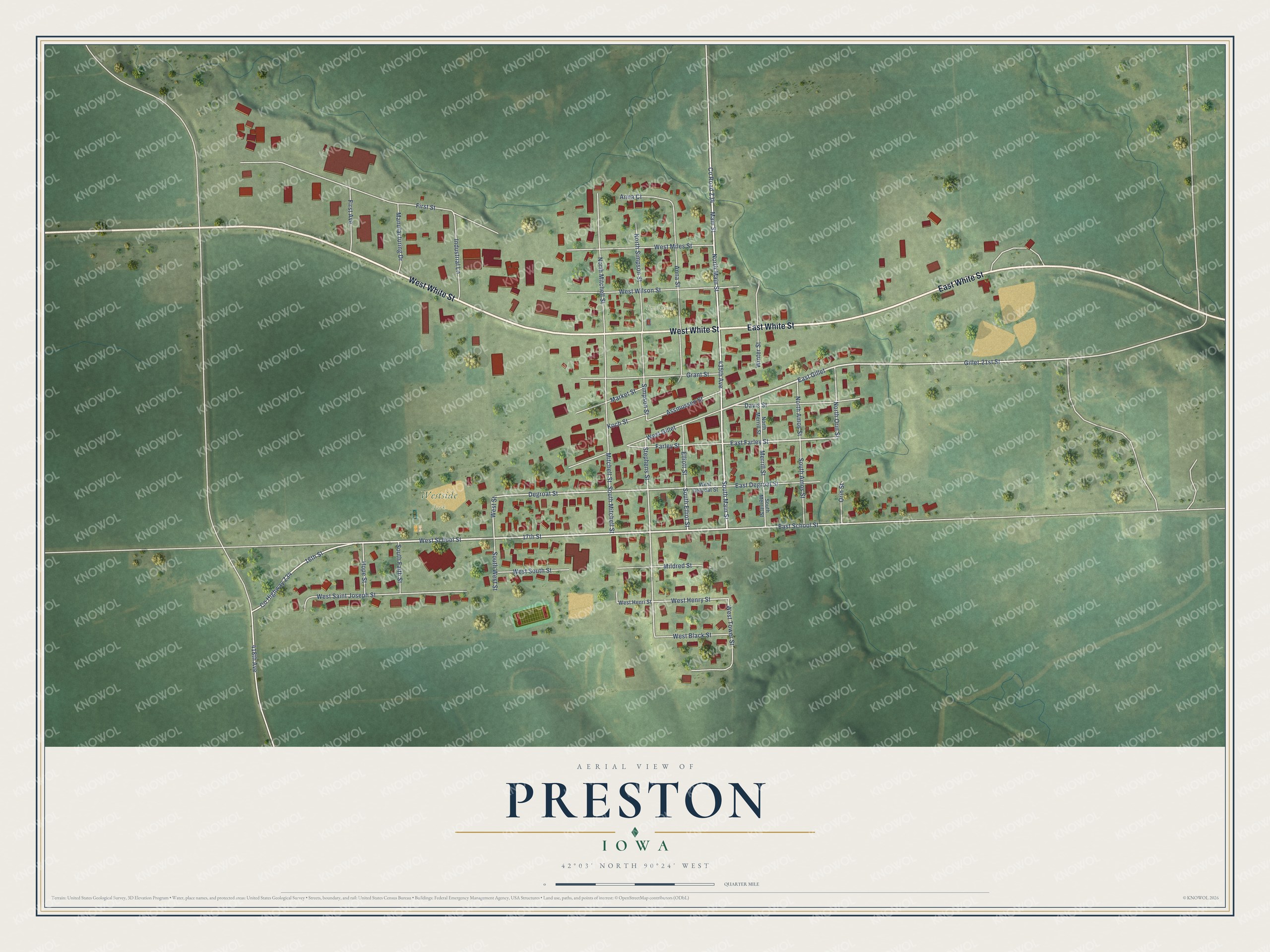 Full map of Preston, Iowa, with red buildings, printed street names and the land around them
