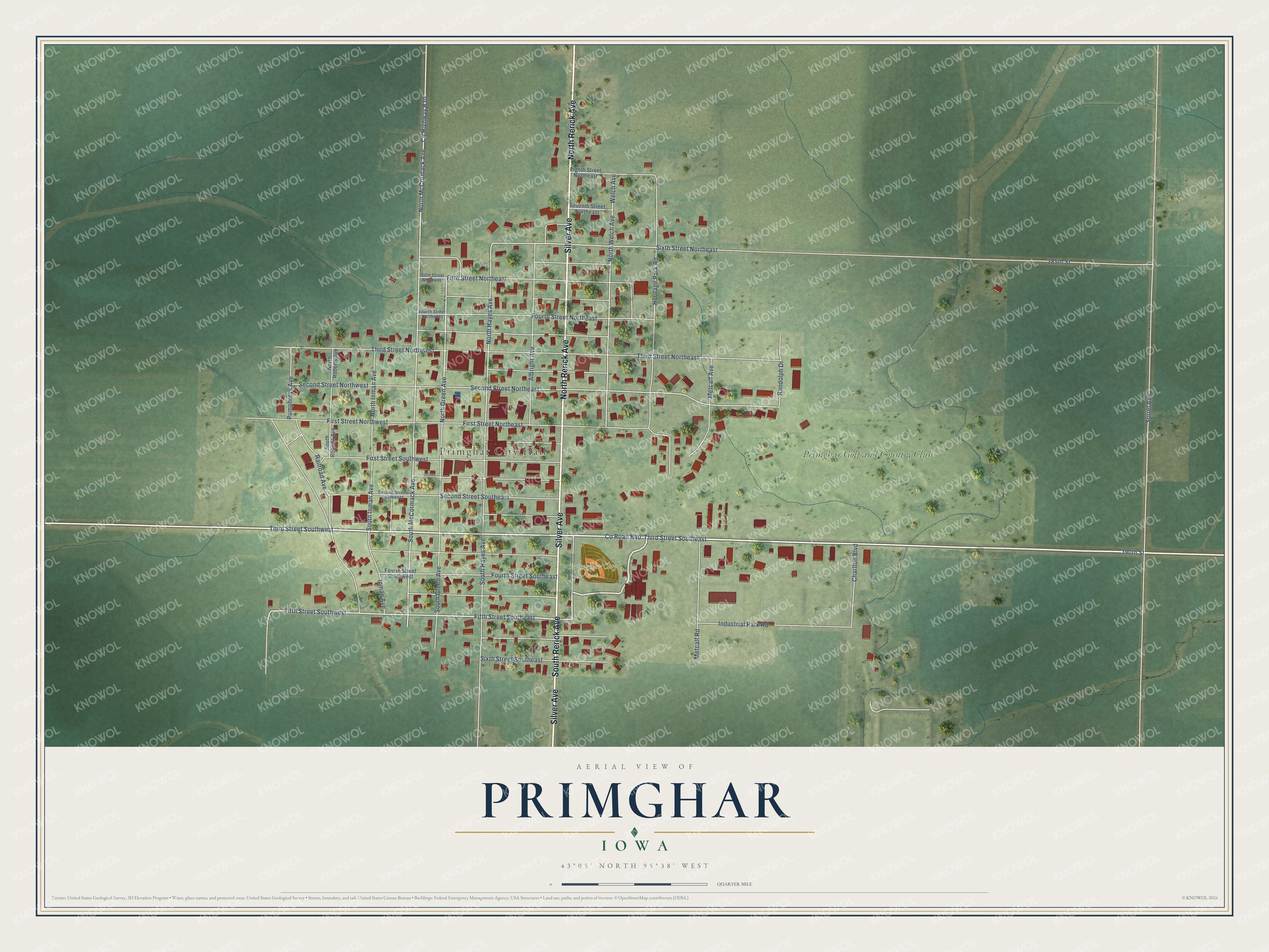 Full map of Primghar, Iowa, with red buildings, printed street names and the land around them