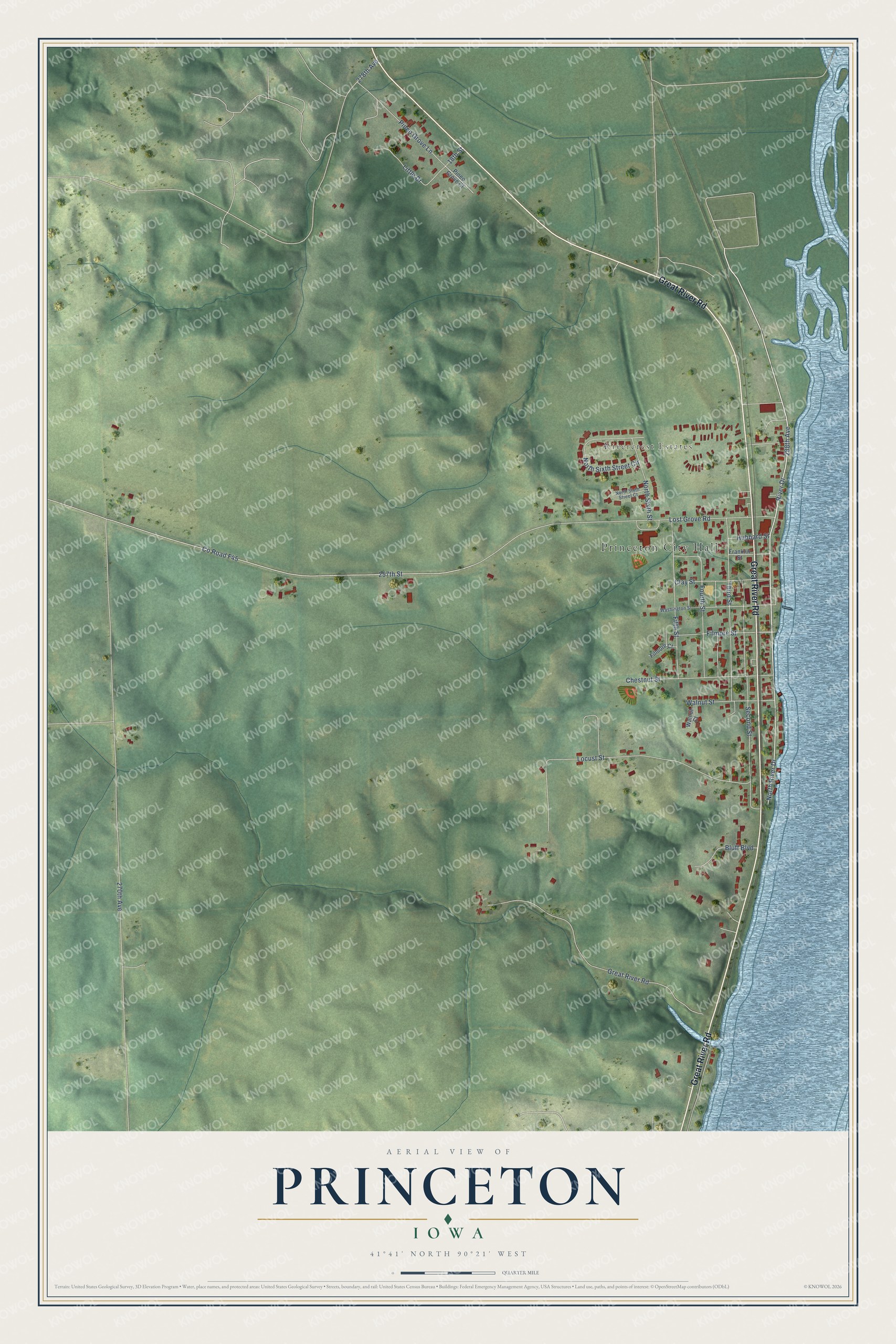 Full map of Princeton, Iowa, with red buildings, printed street names and the land around them