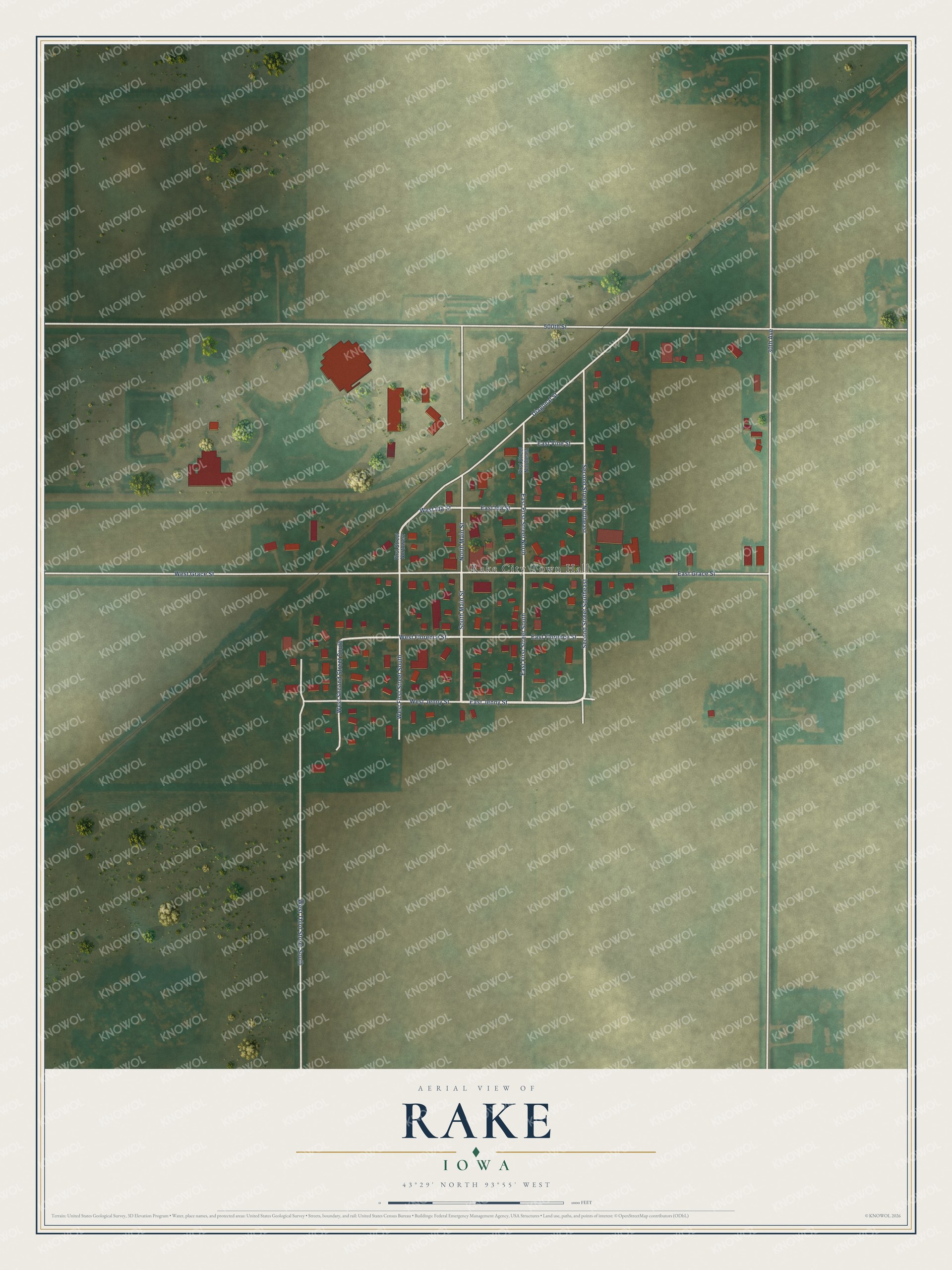Full map of Rake, Iowa, with red buildings, printed street names and the land around them